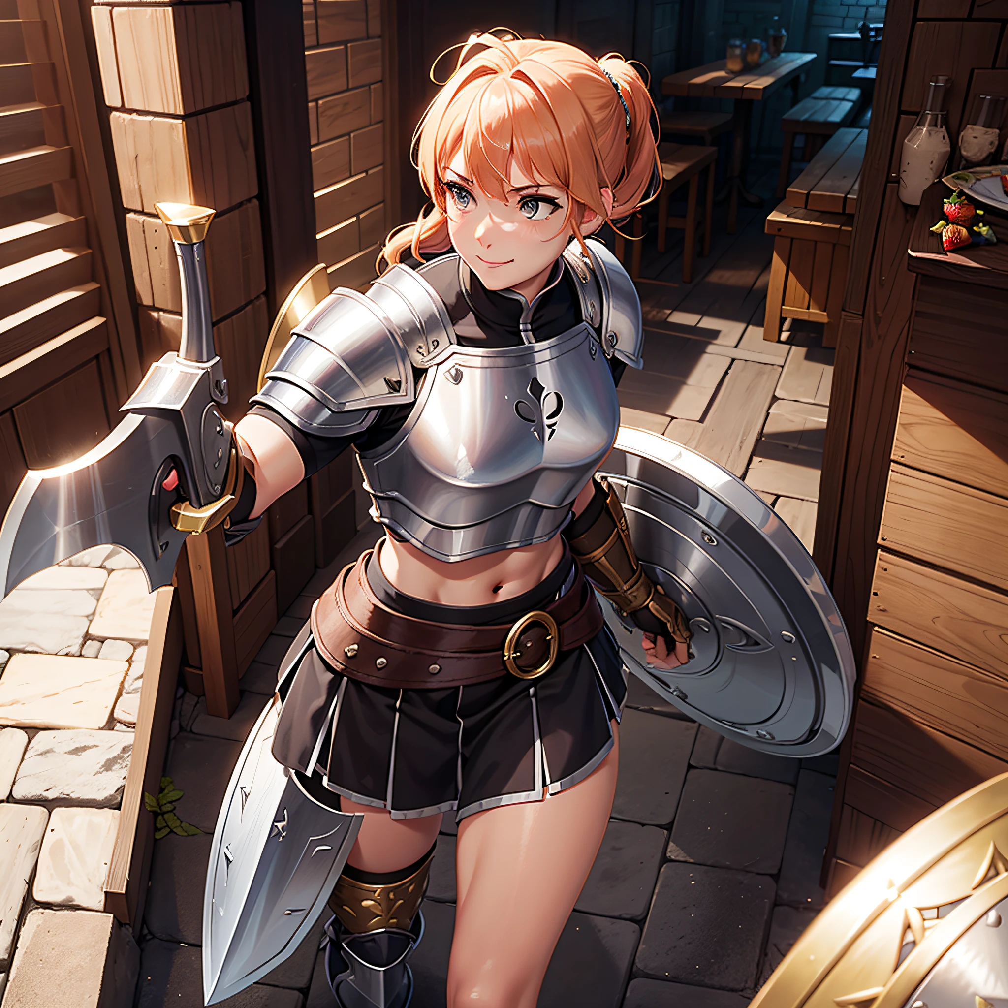 solo focus, a muscular female paladin with a short strawberry blonde ponytail walks into a tavern, plate mail, exposed midriff, armored skirt, sword and shield, lustful smile