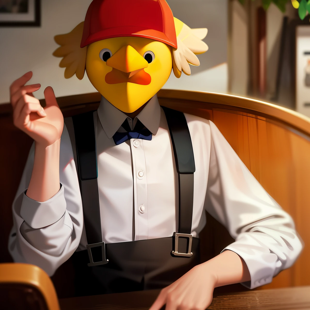 Chicken-headed man in suspenders