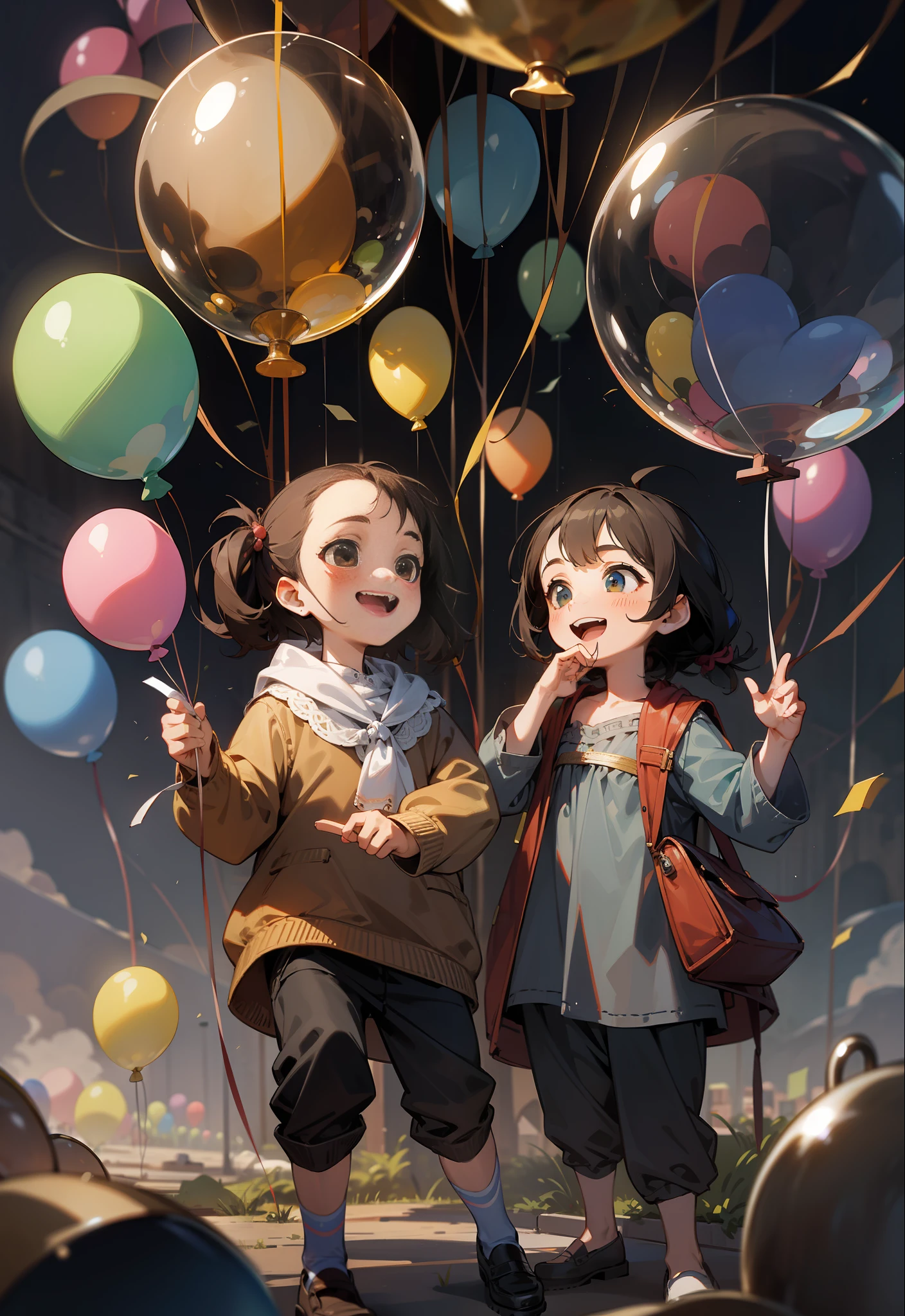 Happy Kids, Treasure, Balloons, Atmosphere, (Best Quality) (Intricate Details)