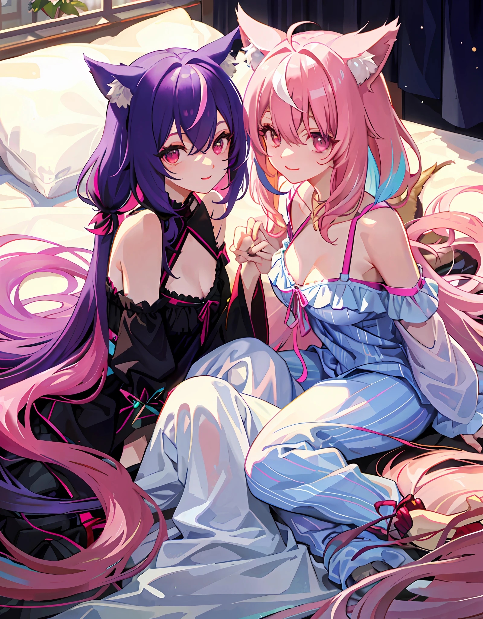 Dynamic Angle, 8k, Thick Paint 5, Movie Scene, Perfect Anatomy, Detailed Face, Ultra Detailed Eyes, Upper Body, 2 Girls, Smile, Wolf Ears, Wolf Tail, Pink Eyes, Hair Between Eyes, Striped Hair, Striped Hair, (((Colorful Hair Color: 1))))), (Random Hair Color: 1))), Colorful Hairstyle: 2, ((Perfect Fingers, Perfect 5 Fingers))), D Cup, , Upper Body, 1 girl, smile, wolf ears, wolf tail, pink eyes, hair between eyes, striped hair, colorful hair colors: 5, jewels at the ends of the hair, twin tails, (in thin pajamas with a fluttering chest: 15), cute embroidered pajamas, AI super luxurious bedroom and cute interior: 5, (on the bed: 15) on all fours, looking at the viewer embarrassedly and laughing, turning around from behind, blush, Morning sun shining through the window,