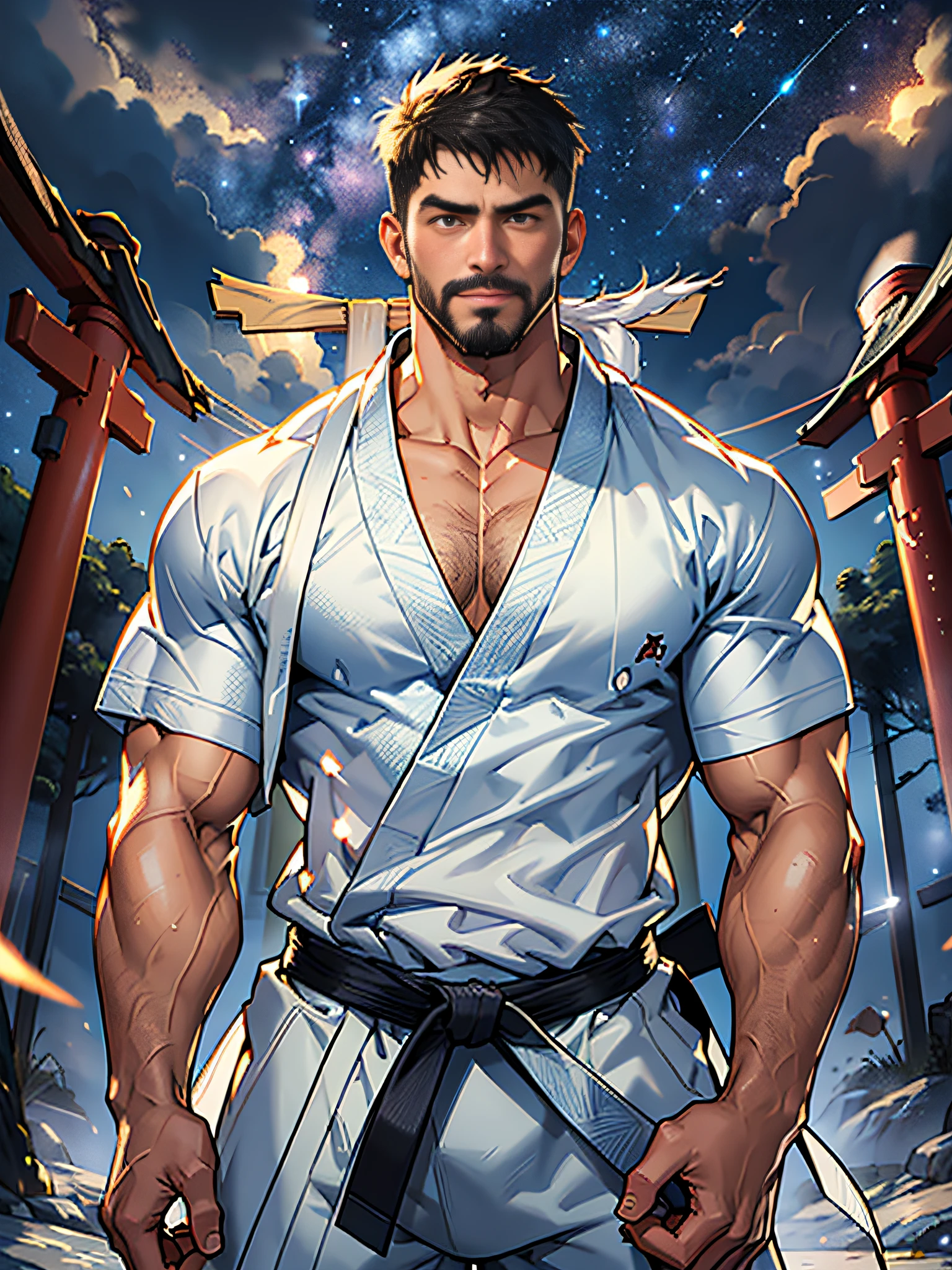 best quality, masterpiece, super high resolution, detailed background, realism, Illustrations, single, 1 boy, torii, muscle, volumetric lighting, depth of field, facial hair, ryu, white clothes, black belt, light particles, crotch bulge, starry sky