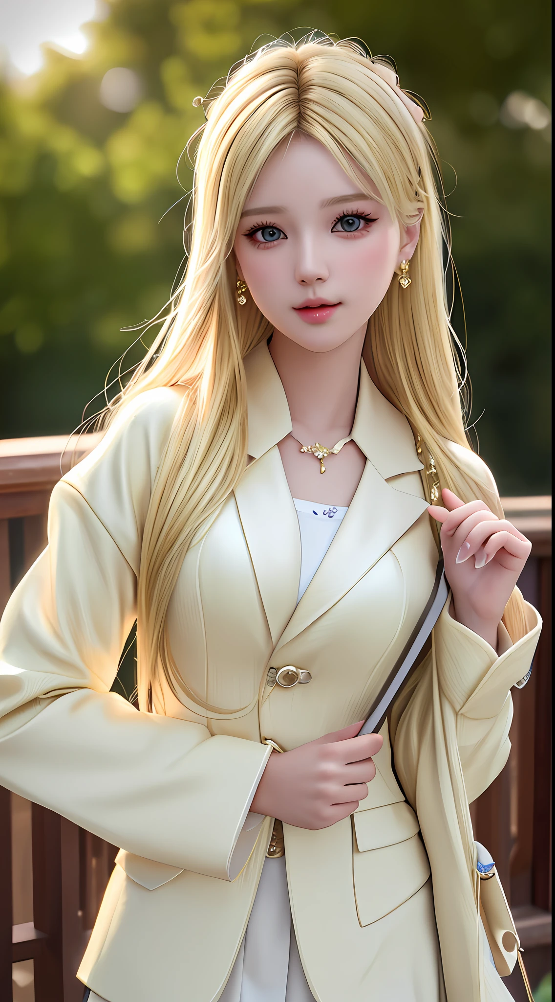 best quality, masterpiece, 1girl, Beautiful face, (blonde hair), (photo realistic:1.3), rim lighting, (high detailed skin:1.2), 8k uhd, dslr, high quality, high resolution, 4k, 8k, Bokeh,  absurdres, best ratio four finger and one thumb, (realistic:1.3), ulzzang, cute kawaii 1girl, wearing blazer,