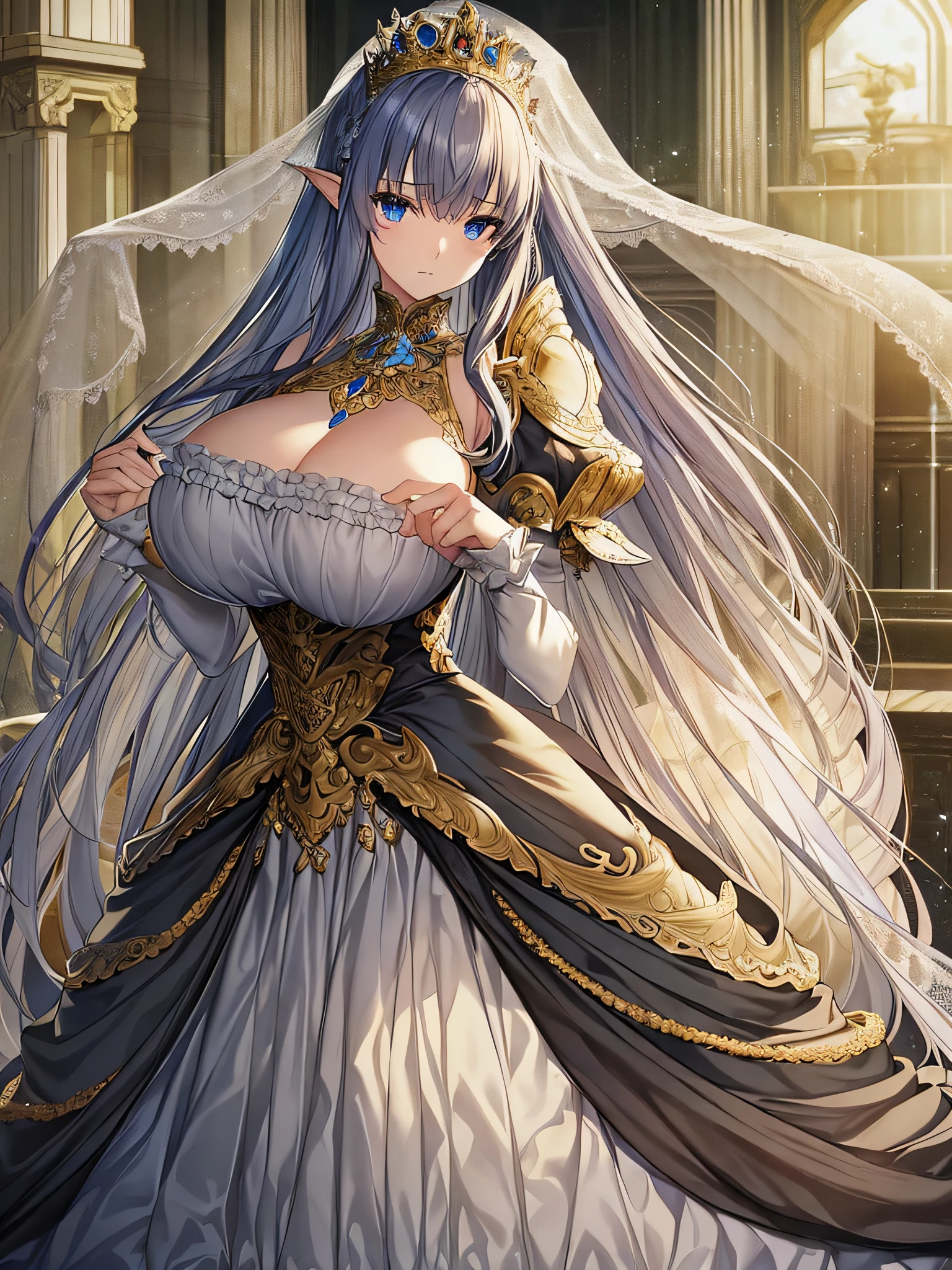 ((anime moe artstyle)),((game CG)),(Masterpiece),(Best Quality), (Super Detail),Illustration,(((Very Delicate and Beautiful))),Focus on character,Dynamic Angle,Looking at viewer,(((Solo))),((Full body)),(((1 princess in ball gown with a voluminous skirt))),detailed face and eyes,jewel-like eyes,(Very Long Hair),gorgeous embroidery and lace,See-through,ornate ruffles,(gigantic breasts,Long breasts),(gorgeous jeweled ball gown with a voluminous skirt),