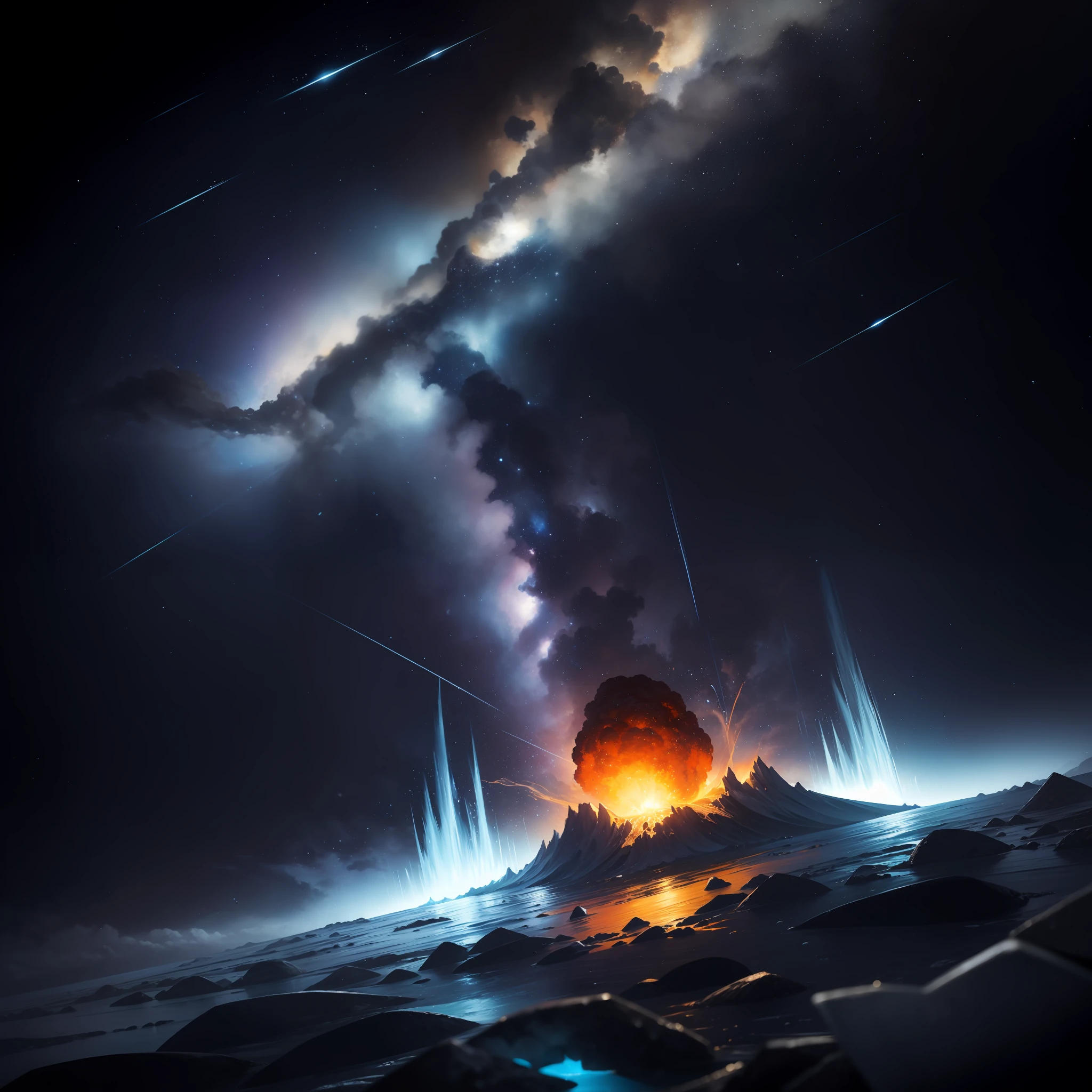Draw an explosion of elements water,ice,fire,wind looking at the viewer in a starry sky(ultra-detailed,masterpiece
