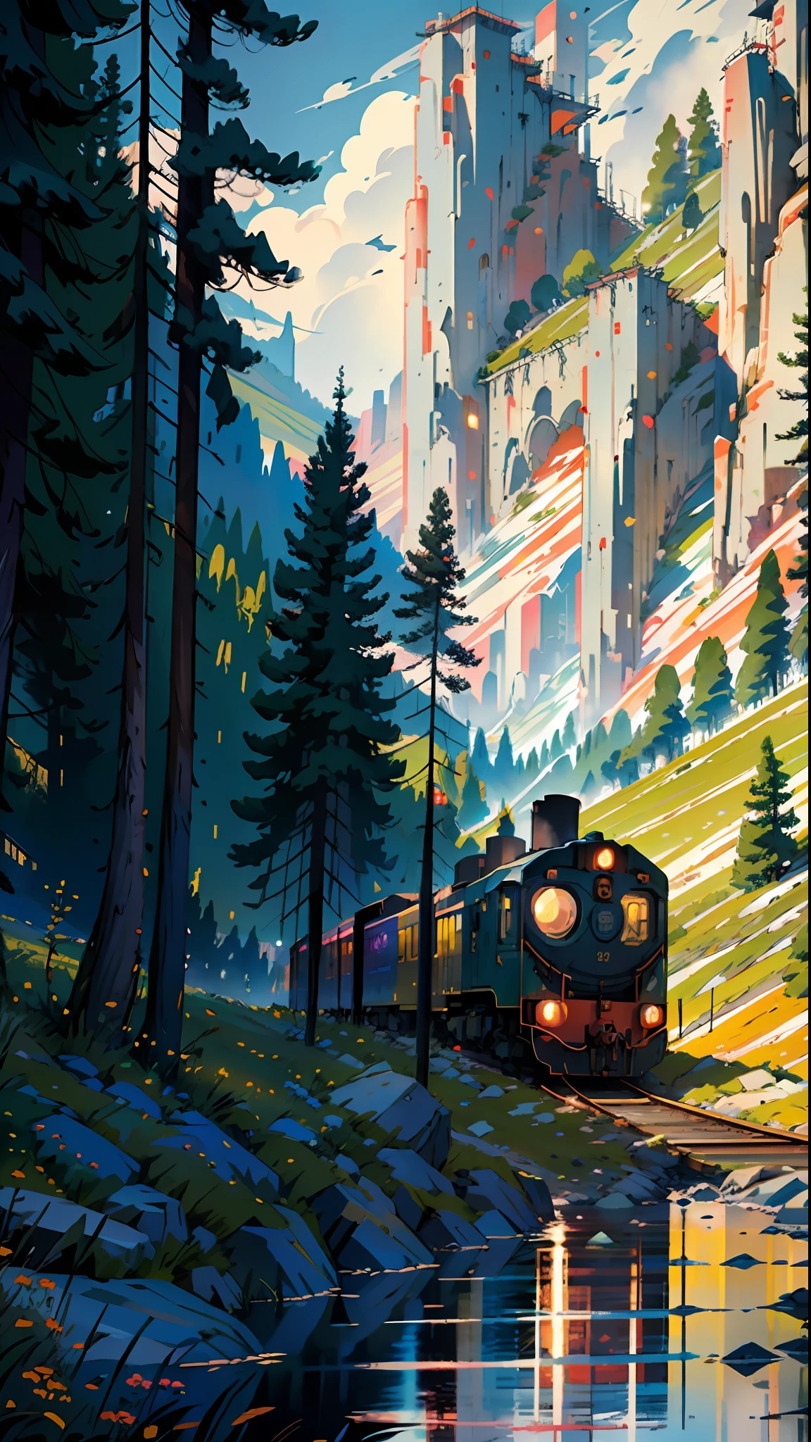 Train in motion, in the mountains, res, lake, cozy city, happiness, retro, full color, multicolor, artful, top detail, super quality, fine details, highlights, neon lights