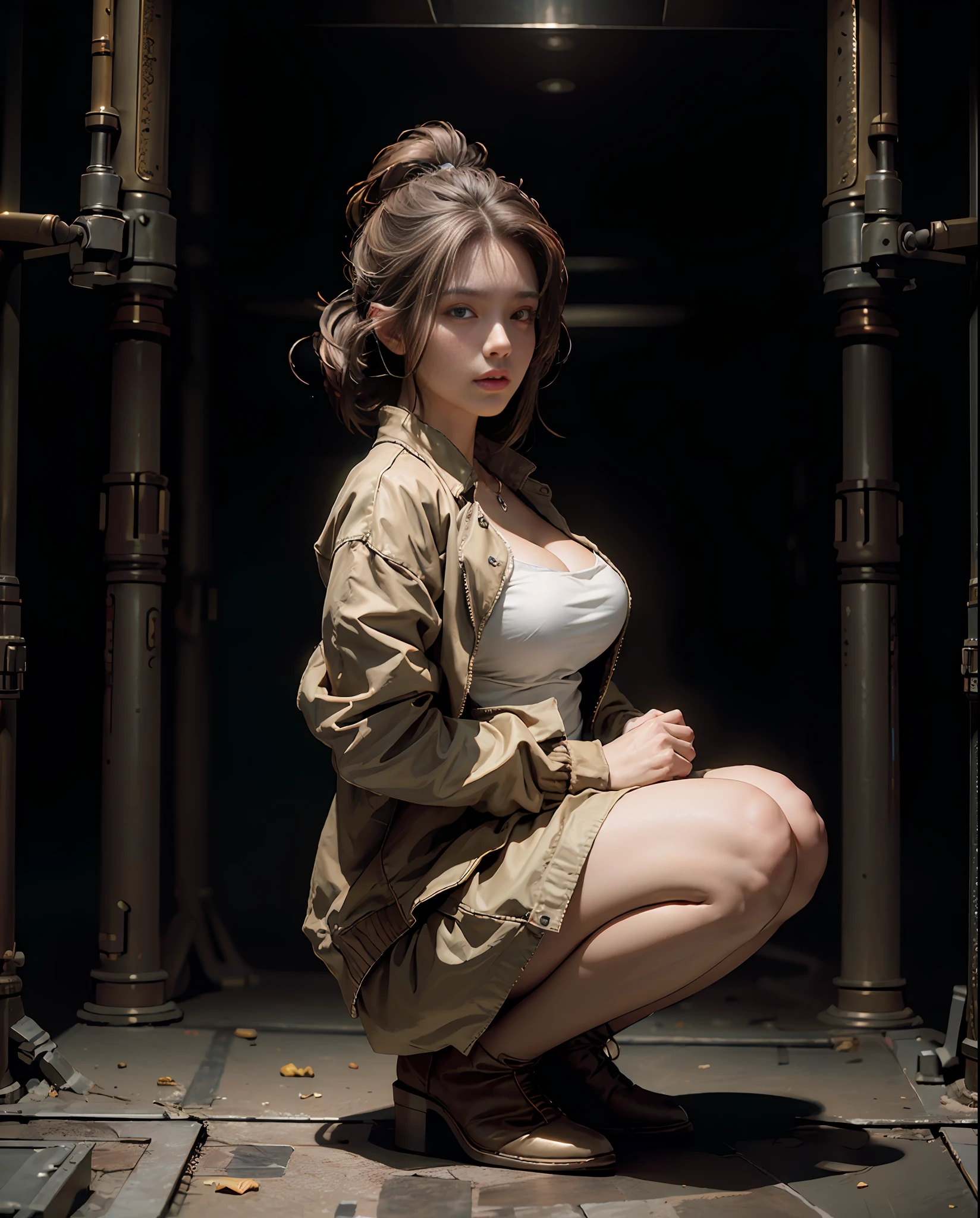 Best quality, masterpiece, ultra high res, (photorealistic:1.4), raw photo, 1girl, big breast, cinematic lighting, short brown jacket, revealing breast, cleavage, mechanical arms, mechanical body, mechanical face, crouching, facing front
