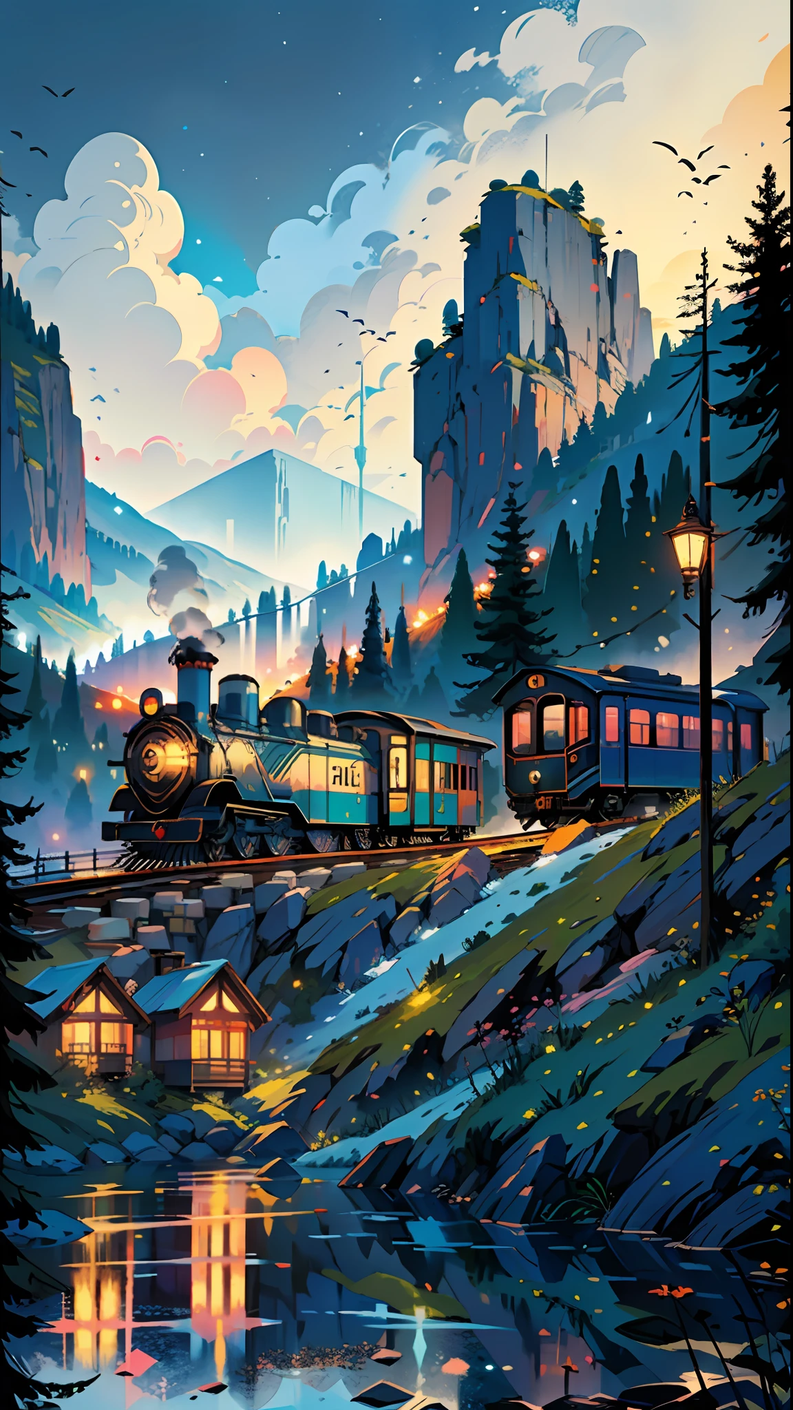 Train in motion, in the mountains, res, lake, cozy city, happiness, retro, full color, multicolor, artful, top detail, super quality, fine details, highlights, neon lights