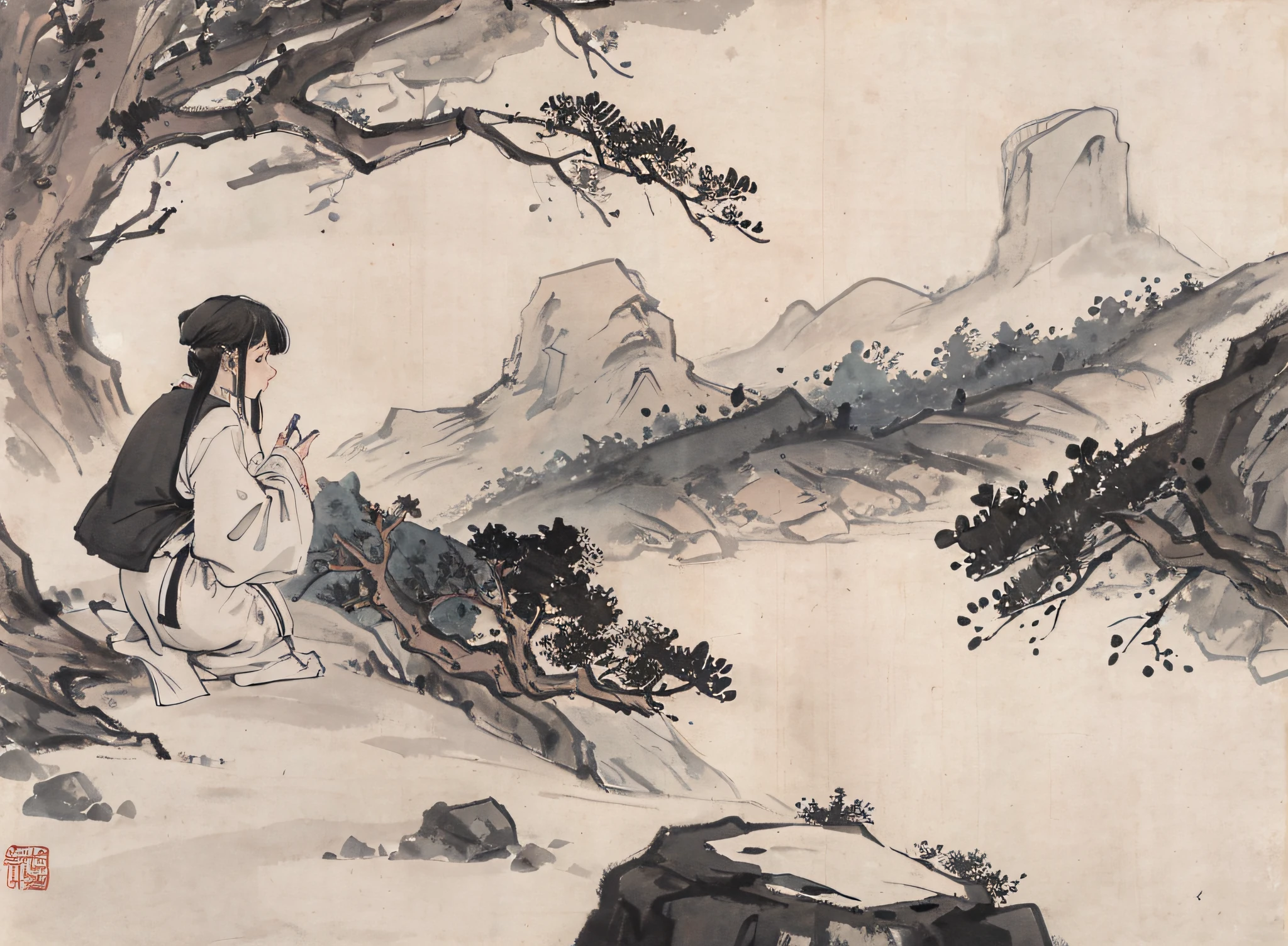 (Masterpiece, best quality: 1.2), traditional Chinese ink painting, high mountains, small hillsides, rocks, trees, no humans