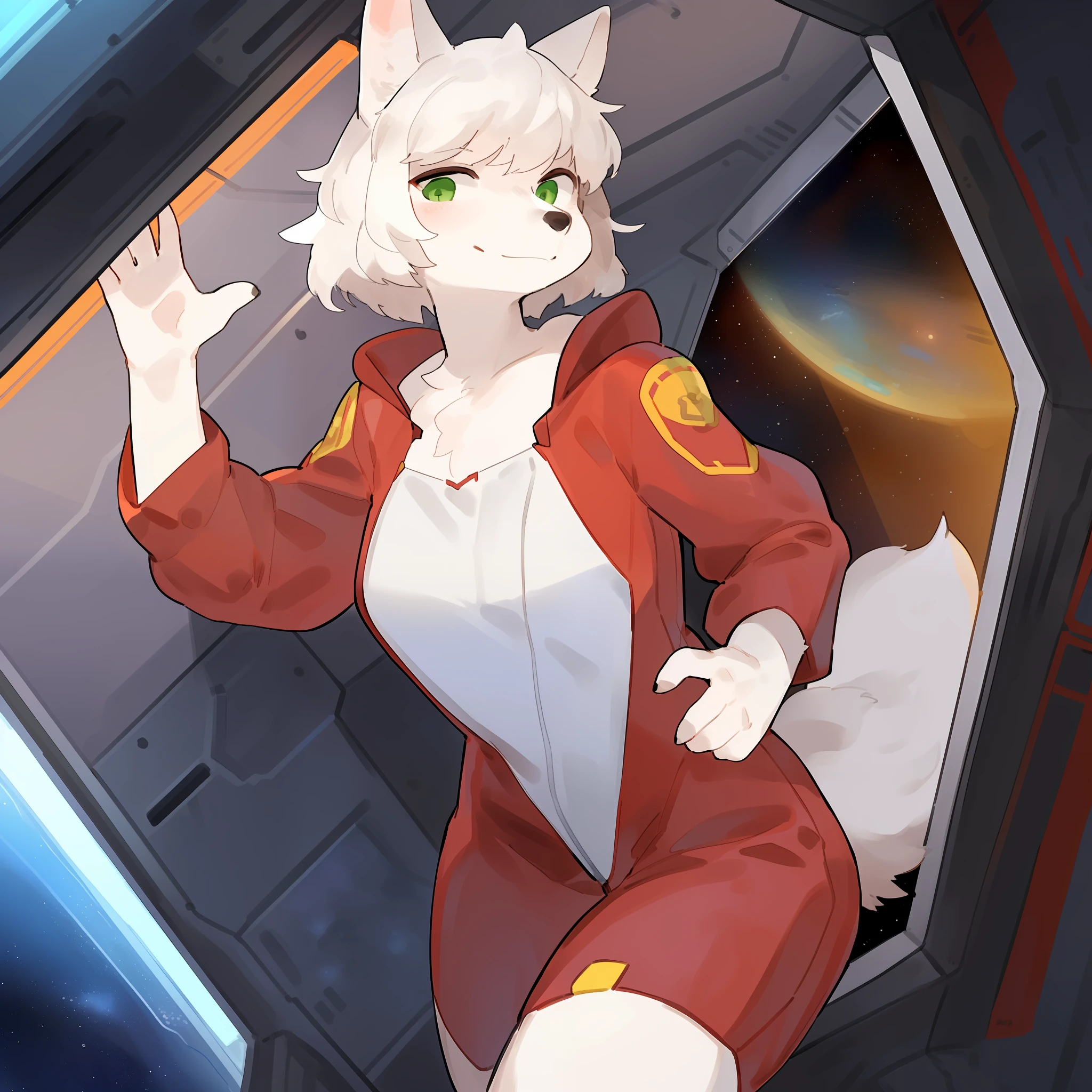 Solo, female, canine, fox, (((white fur, white body, no pattern, no fur pattern, plain fur))), green eyes, detailed eyes, detailed hands, white hair, very short hair, wavy hair, smug expression, red jumpsuit, red spacesuit, space, spaceship, window, by bebebebebe, by buta99