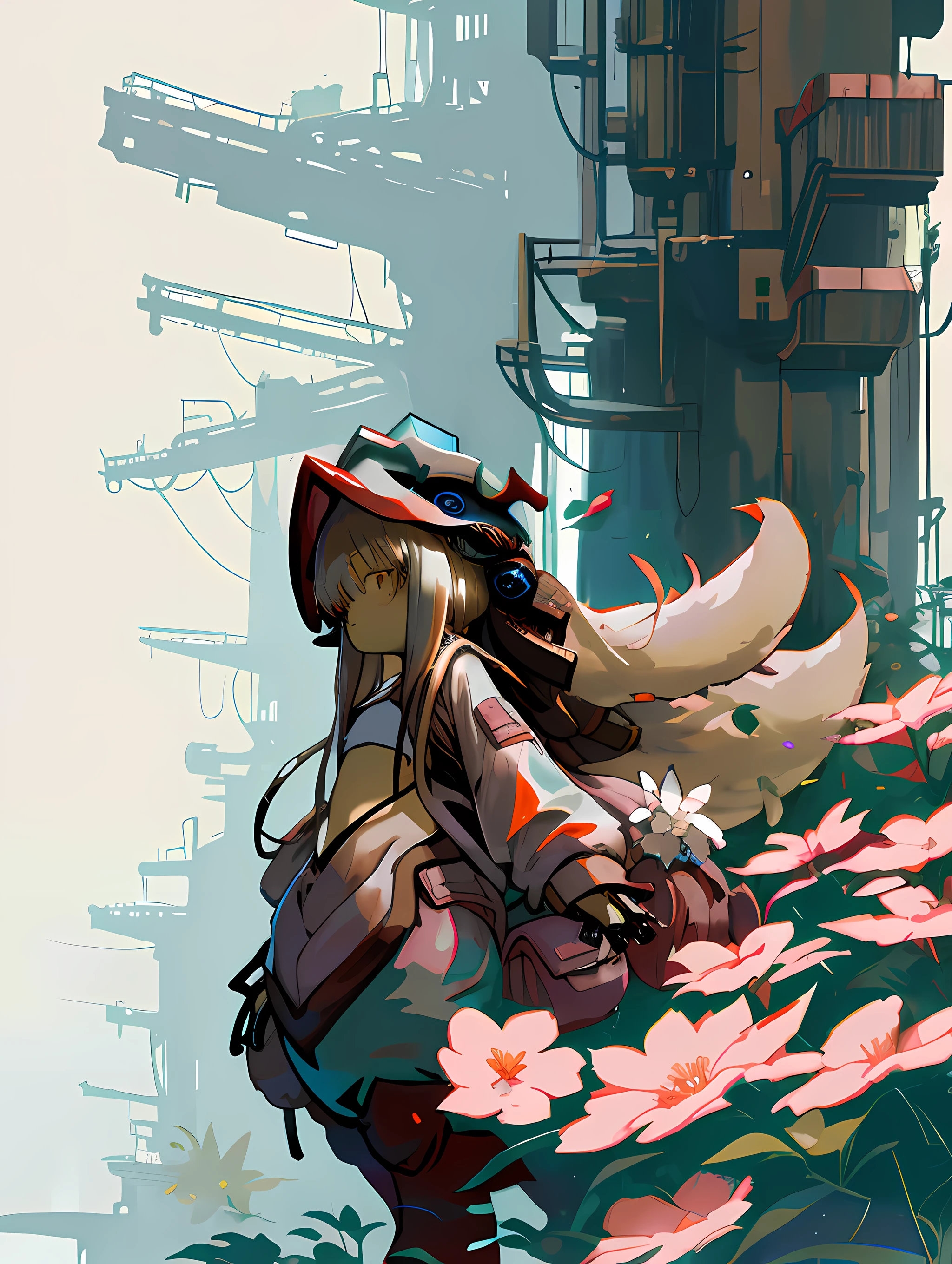 nanachi \(made in abyss\), nanachipants, nanachihat, in a cyberpunk city, shiny splastic bomber jacket, flowers, brown fur body, big brown ears, white sports bra