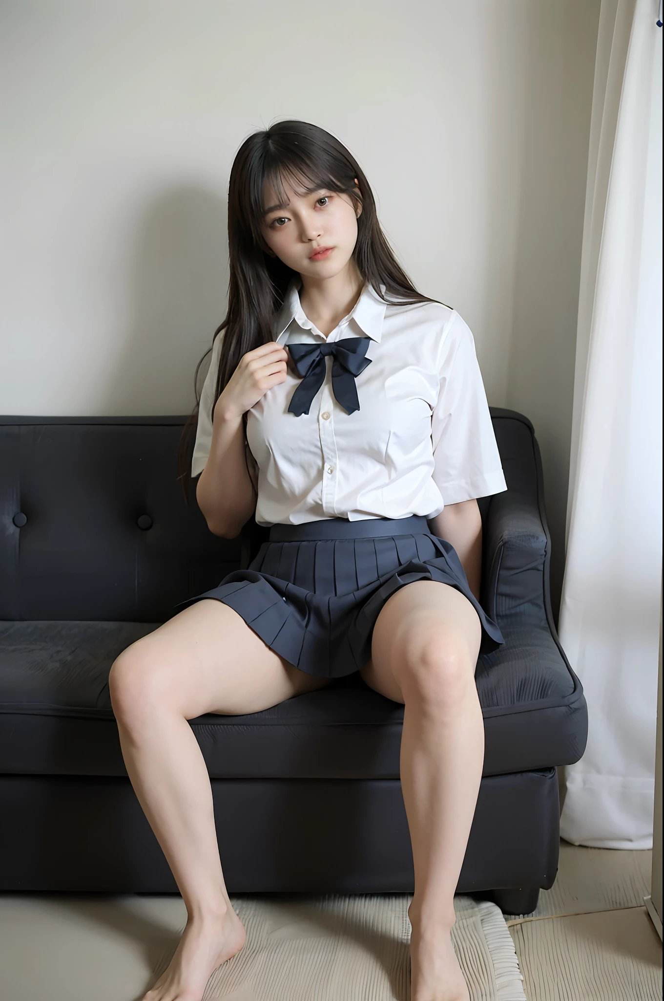 High angle shot, Alafed asian woman in short skirt and bow tie sitting on train, cute schoolgirl, Japan schoolgirl uniform, surreal schoolgirl wearing Japan school uniform wearing Japan uniform, surreal schoolgirl, schoolgirl in uniform, legs open pose, girl in uniform, girl in uniform, full body of schoolgirl posing, blush, embarrassed look, nice skin, glowing skin, nice thighs, glowing thighs, glowing legs, barefoot