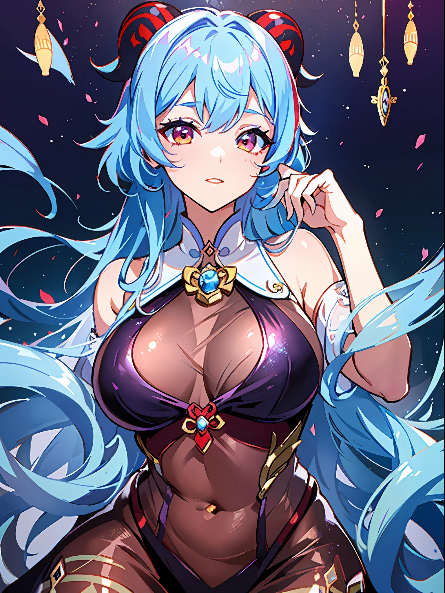 1girl (Masterpiece) (Best Quality) (Shiny Hair) (Glossy Skin), Tucked Flared Lace see-through Blouse, Dancing Princess, ganyu (genshin impact), Light blue hair, red eyes, red horns
