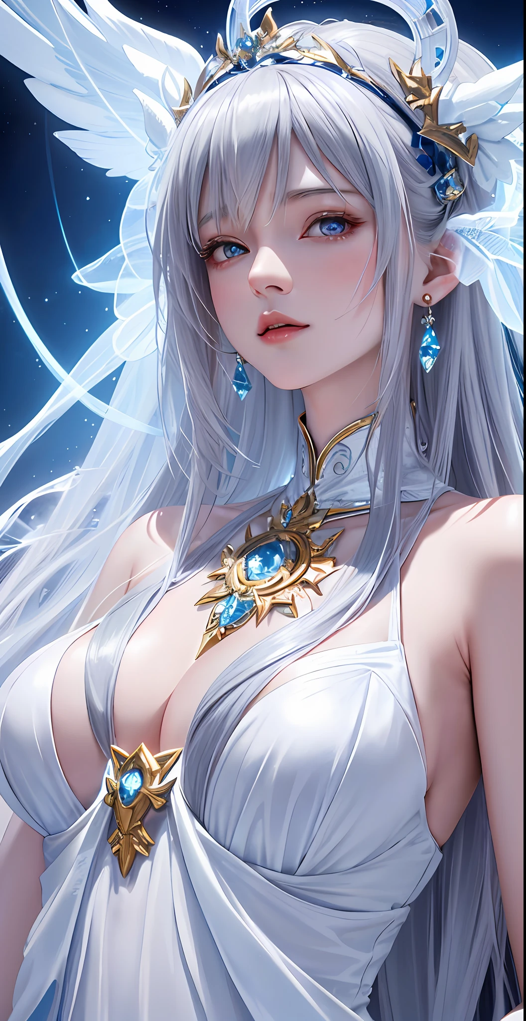 (8K) Close-up of a woman dressed in white and gold, Anime Goddess, 2. 5d CGI anime fantasy artwork, extremely detailed Artgerm, detailed digital anime art, beautiful and seductive anime woman, detailed fantasy art, extremely detailed goddess shots, gray-haired goddess, Artgerm. High Detail, WLOP Rossdraws