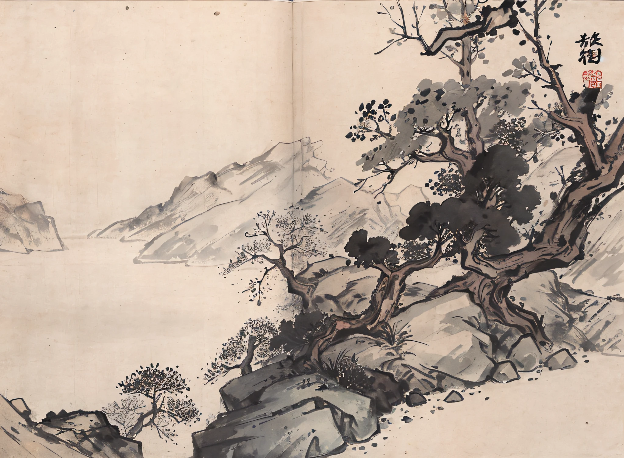 (Masterpiece, best quality: 1.2), traditional Chinese ink painting, high mountains, small hillsides, rocks, trees, no humans