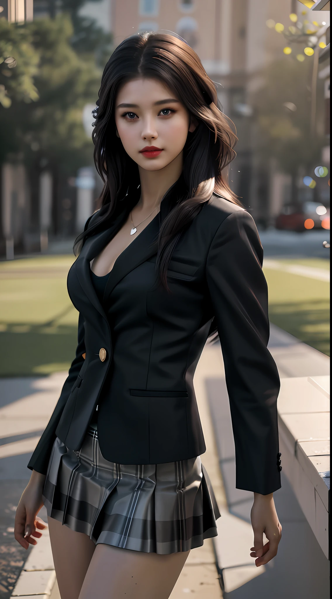 best quality, masterpiece, 1girl, Beautiful face, (photo realistic:1.3), rim lighting, (high detailed skin:1.2), 8k uhd, dslr, high quality, high resolution, 4k, 8k, Bokeh, absurdres, best ratio four finger and one thumb, (realistic:1.3), cute 1girl, wearing black formal blazer, medium breasts, short skirt,