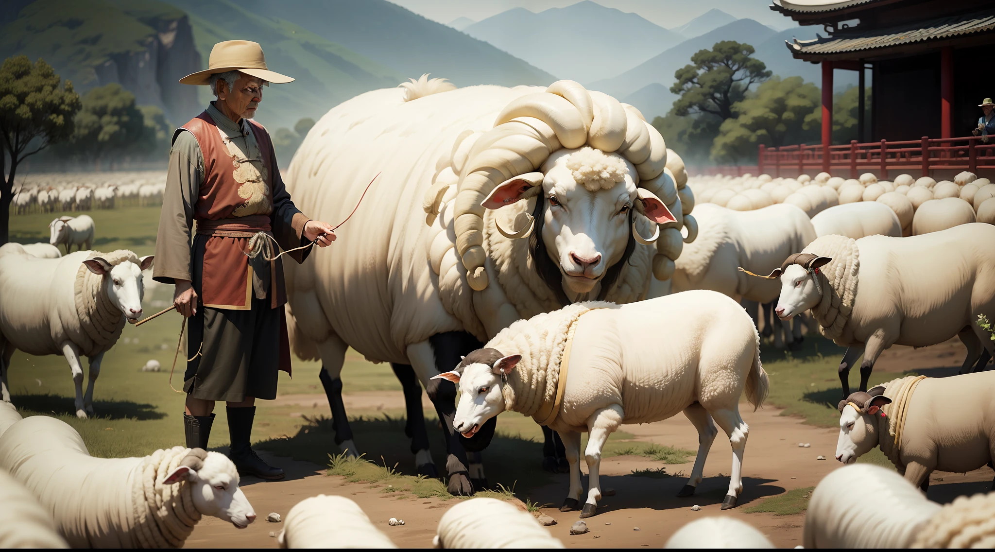 Old man herding sheep, Chinese style,
