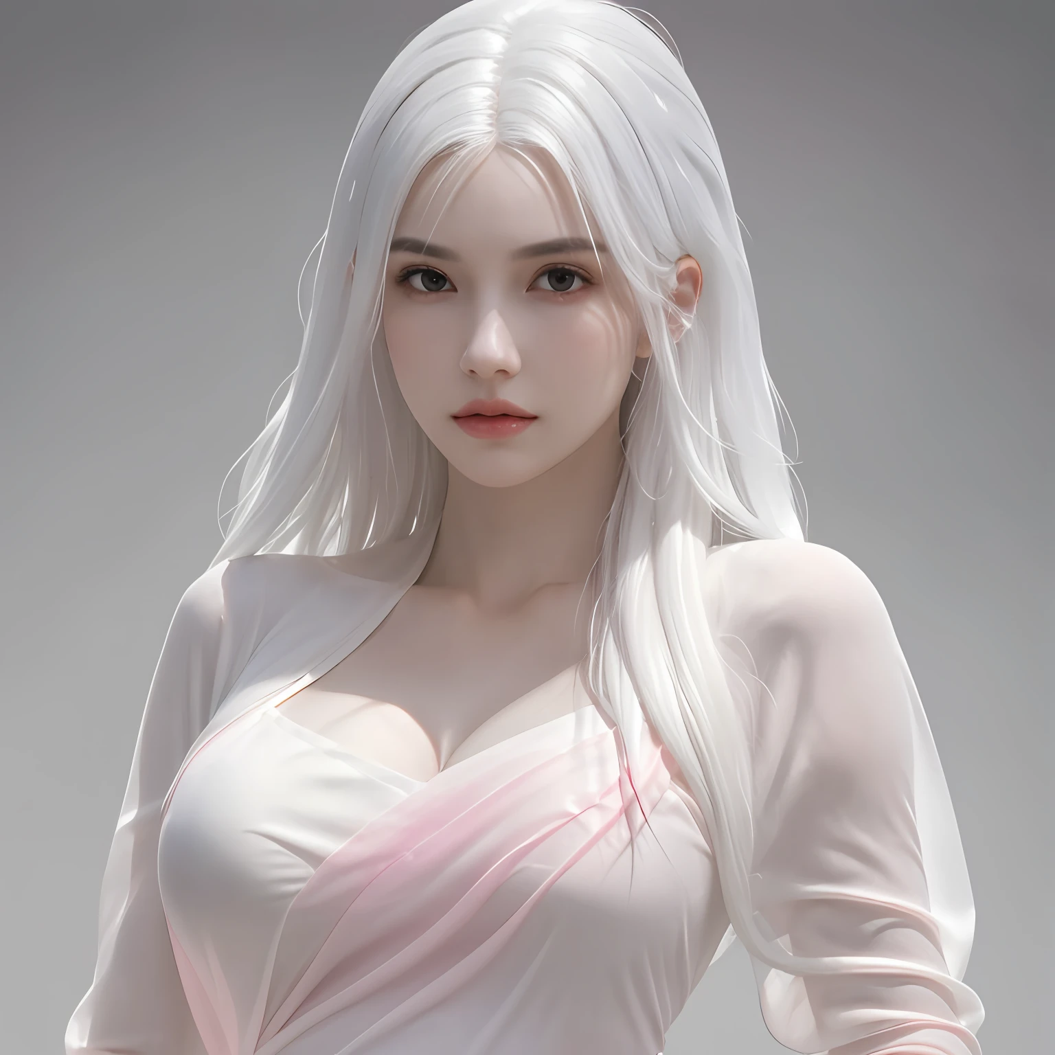 1girl, ((full body, narrow waist, waist, girl, white hair, long hair, black eyes)), (front view, from front), looking at viewer, Best quality, masterpiece, ultra high res, (photorealistic:1.4), 8k, clean, (incredibly absurdres, ultra-detailed,CG ,unity ,8k wallpaper), (detailed face :1.4),(beautiful detailed eyes :1.2),(detailed hair), light on face, cinematic lighting, perfect face, lips, adult, solo, Pink Sheer Dress, See Through, (( white skin, real skin, middle_breasts))