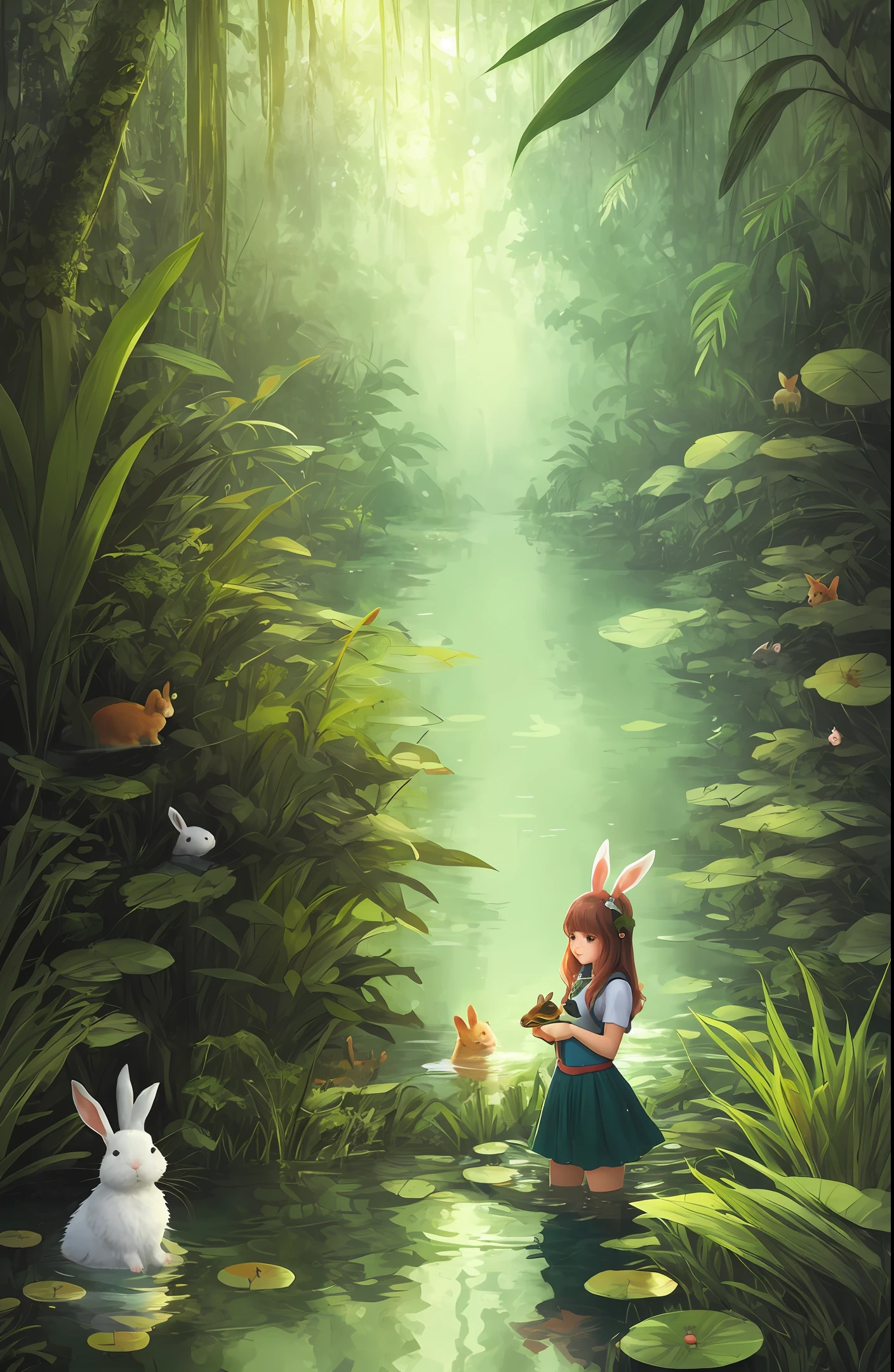 cute girl in pond and bunny, in river with jungle, cute art style, in the swamp cute forest creature, forest with rabbits, digital 2d illustration,