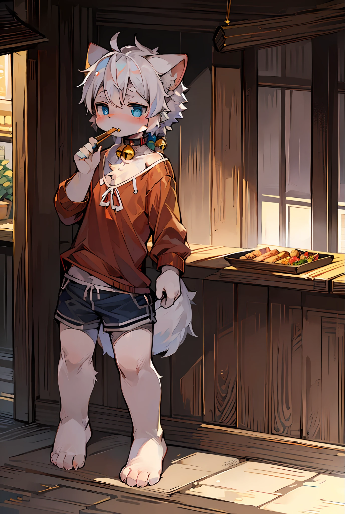 Masterpiece, high quality, absurd resolution, digital painting \ (artwork \), by dagasi, yupa, kiyosan, (fluffy fur, white fur, full body fur,). Boy, blue eyes, white hair, shorts, barefoot, bright eyes, panorama, character focus. Detailed background, eating meat sticks, astringency, (bells, pet collars, loose clothes: 1.2) with toys on the body