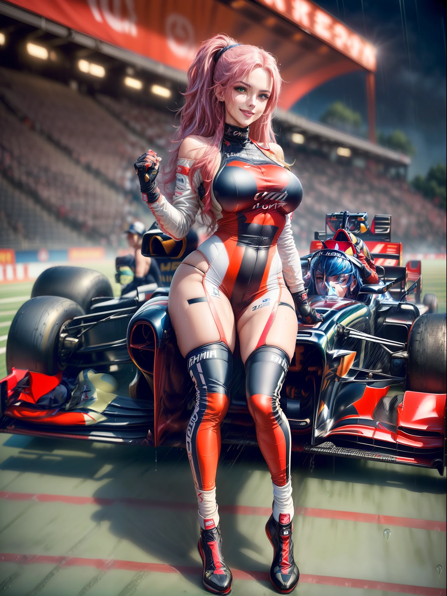 (({Only one woman}:1.2):{((wearing red formula 1 runner suit)1.2), ((long blue hair down to shoulders, sparkling green eyes) 1.3), ((striking an erotic pose in a formula 1 car, looking at the viewer, smiling):1.3), ((extremely large breasts):1.2)}, \n (({Hypodromia from formula 1 racing, is in night, raining heavily, several people are in the stands}):1.3), anime, anime style, 16k, ((best quality, high details):1.4), masterpiece, UHD, (full body:1.3)