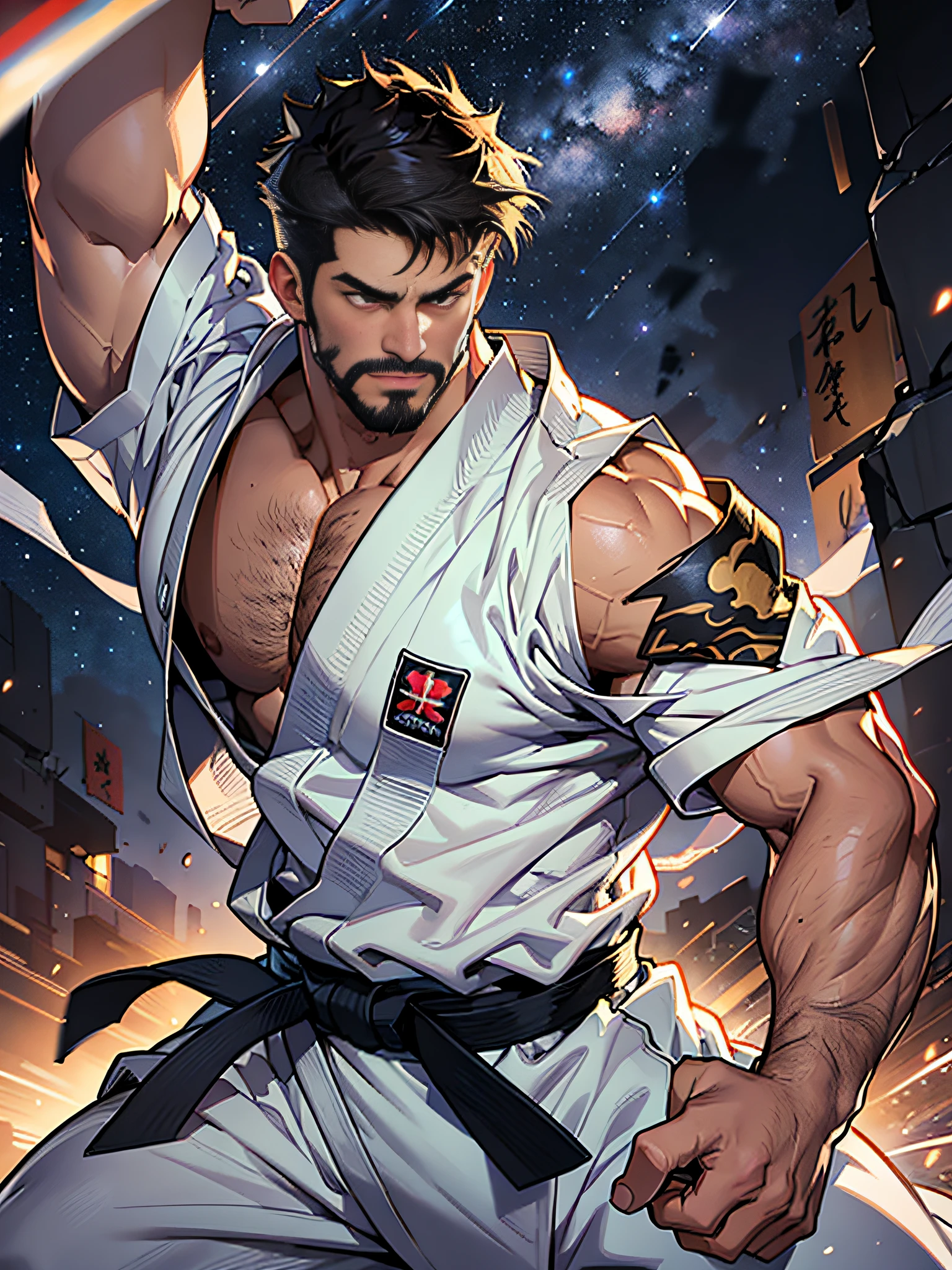 best quality, masterpiece, super high resolution, detailed background, realism, illustrations, single, 1 boy, torii, muscle, volumetric lighting, depth of field, facial hair, ryu, white clothes, black belt, light particles, ?????? bulge, starry sky, fighting pose