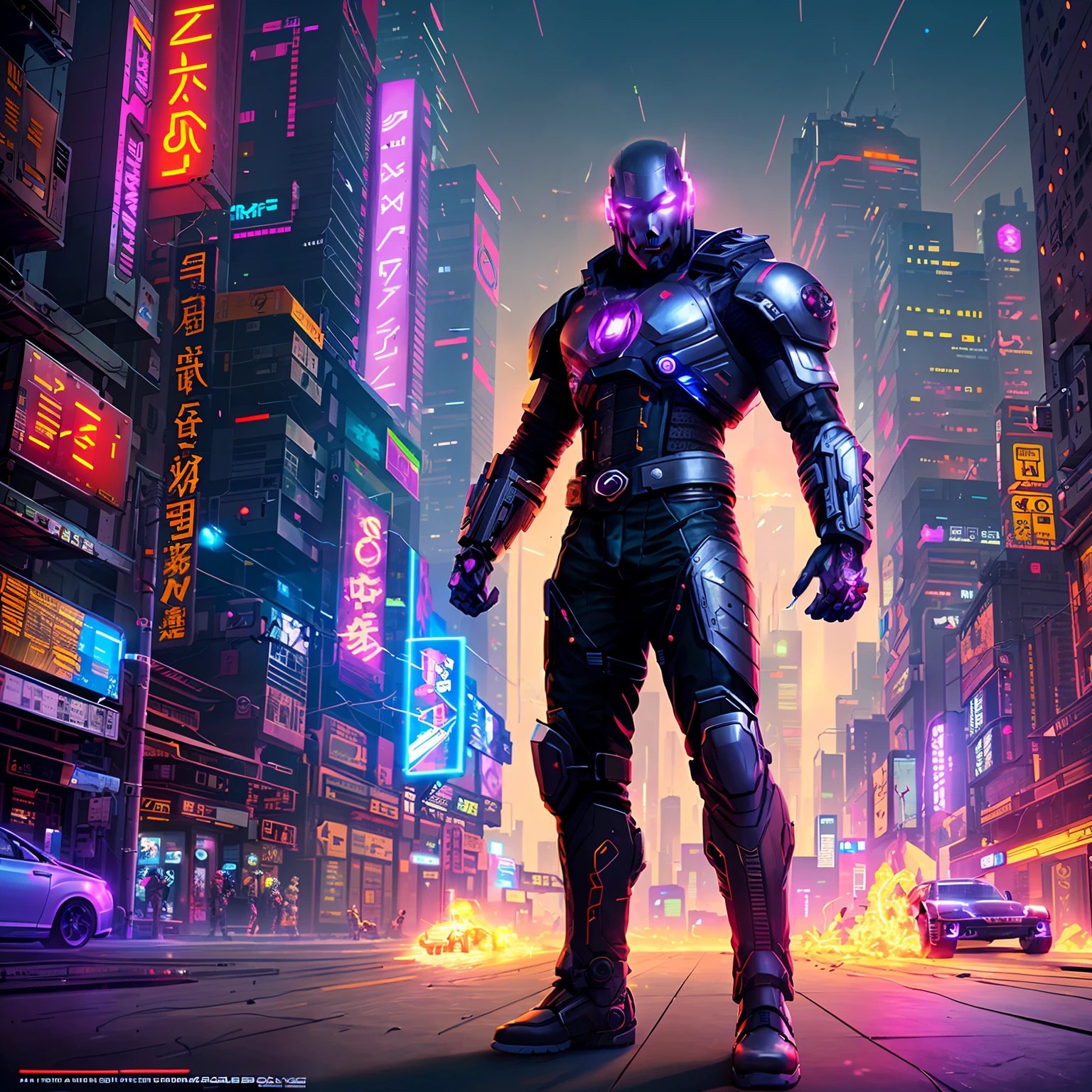 Cyborg, cyberpunk man, sci-fi, lights and buils in armor, high voltage, electricity, storm in the background, remembrances.