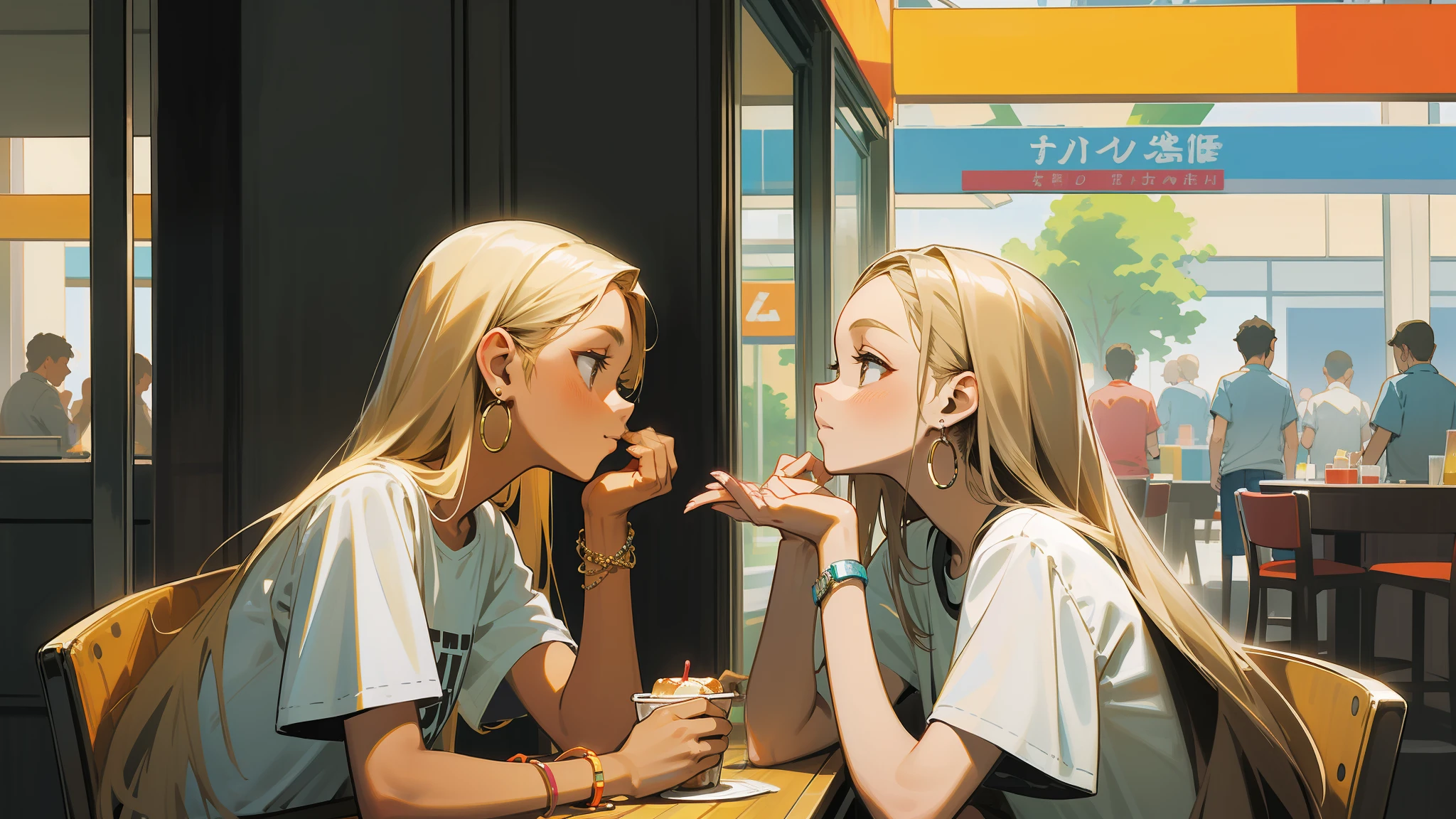 Beautiful 21-year-old, a confused and doubtful facial expression, one hand holding her chin, looking up, sitting in a chair, at a table, she has long straight hair, medium blonde color, light brown eyes with makeup, tanned skin. T-shirt with very short sleeves in white color, jeans, hoop earring, Vans brand sneakers, bracelets on the right wrist, silver watch on the left wrist, side profile view, scenery of a large shopping mall food court