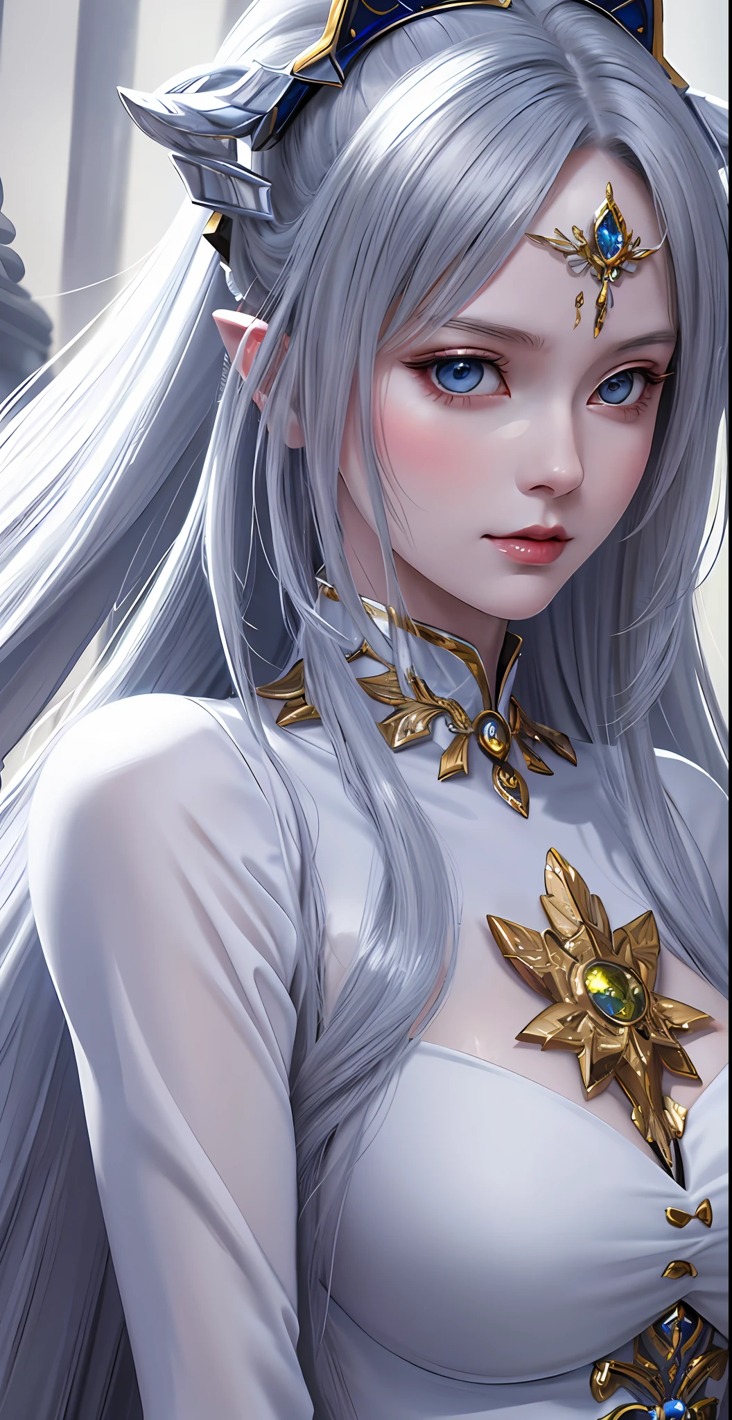 (8K) Close-up of a woman dressed in white and gold, Anime Goddess, 2. 5d CGI anime fantasy artwork, extremely detailed Artgerm, detailed digital anime art, beautiful and seductive anime woman, detailed fantasy art, extremely detailed goddess shots, gray-haired goddess, Artgerm. High Detail, WLOP Rossdraws