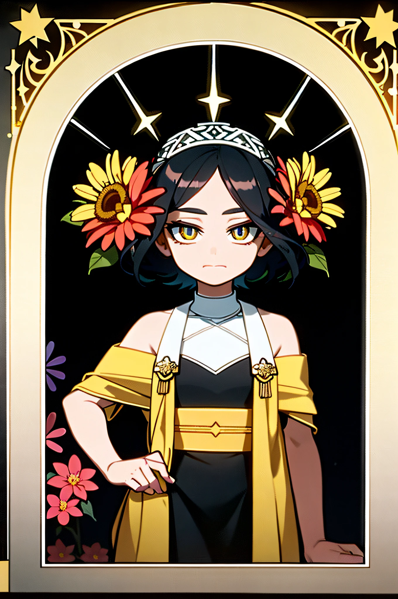 (Art Nouveau: 1.25), Minimalist Art Style, Neon Theme, Suprematism, Beautiful Detailed Stars, Beautiful Detailed Eyes, Ultra Detailed, Flower, Super Mass, Eyes, Flowers and Hair Are the Same Color, Beautiful Color, Face, High Detail, High Quality, High Quality, Backlit, Hair and Clothes Are Flowers, Upper Body, High Quality, Light Particles, Black Background, Side Face, Original, Paper Cutter, White Background, Flower Floor, Diffuse Lighting, Abstract, Darkness, Starry Sky