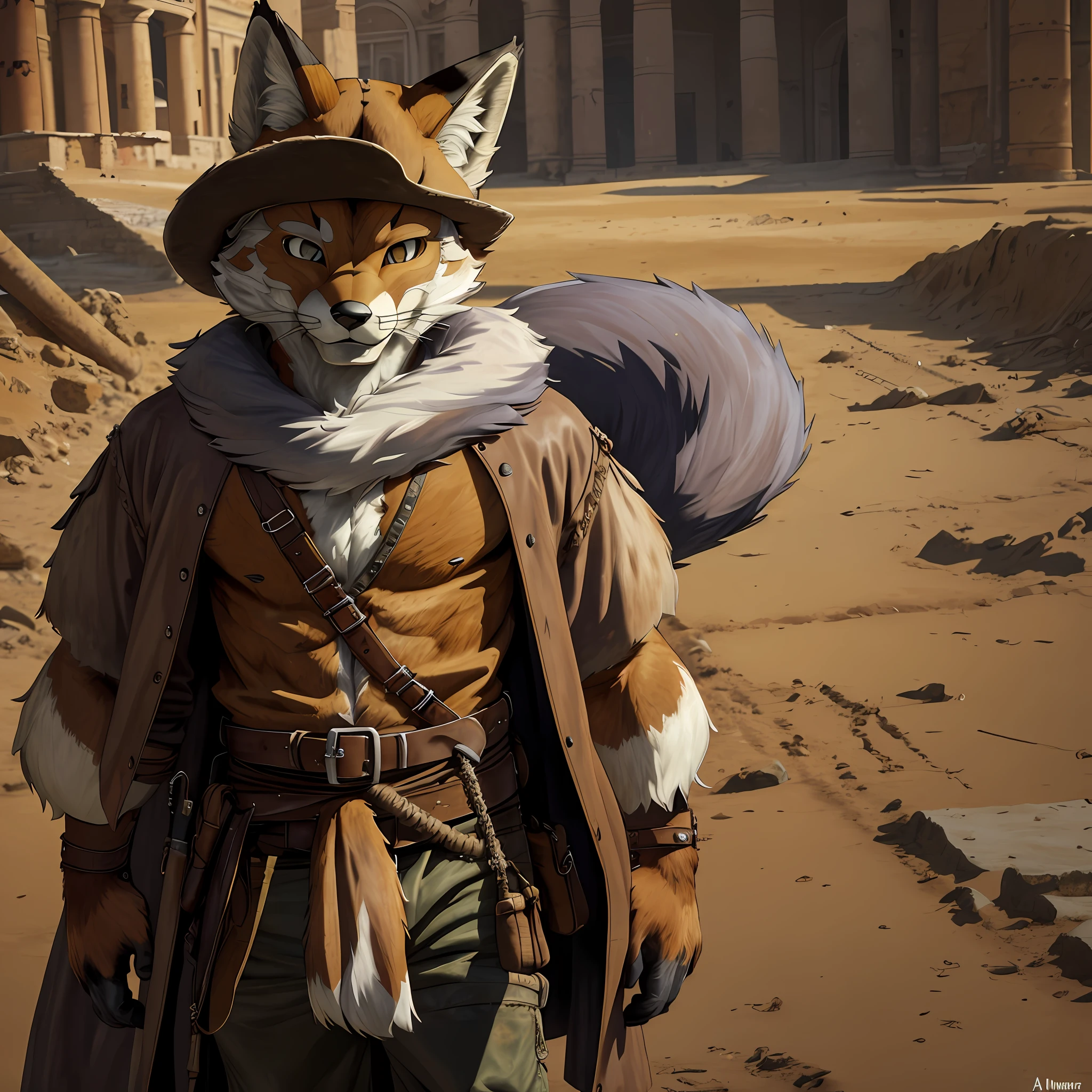 top quality, best quality, High-quality illustrations by Michelangelo, by Johannes Vermeer, masterpiece, super high resolution, detailed background, Old Ruins, Dungeons, Indiana Jones series(highly detailed beautiful face and eyes)absurdres, perfect anatomy(handsome 1boy, kemono, solo focus, Adventurer, Archaeologist)(furry)(furry anthro:1.7)(Furry body, fox facial features, fox body features)(very detailed body fur)full body, Dirty Coat and Hat,