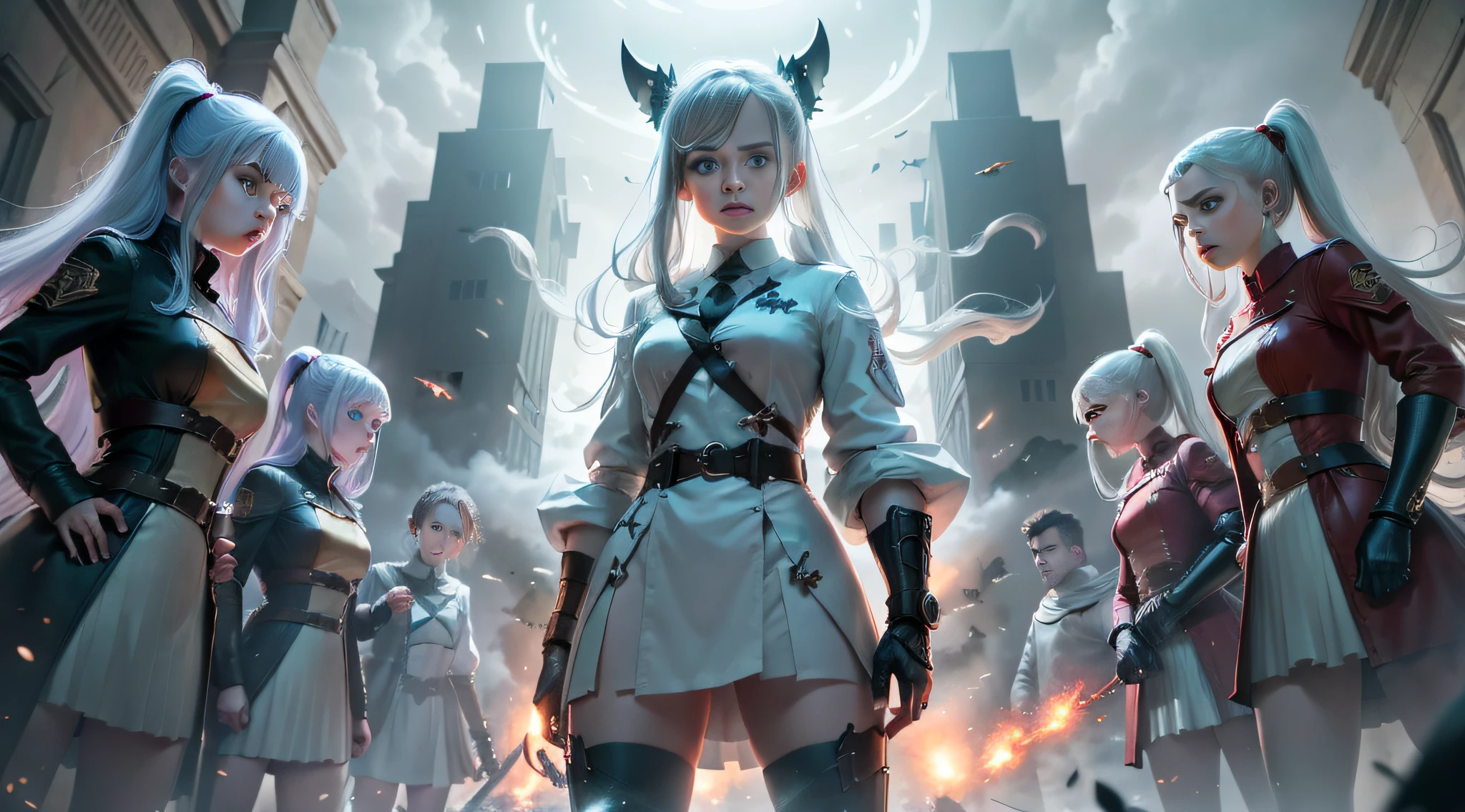 /imagine prompt: Lynn standing at the center of the ghost team, surrounded by a group of loyal and powerful ghost creatures. They obey Lynn's commands, cooperate tacitly, and form an invincible fighting force, by