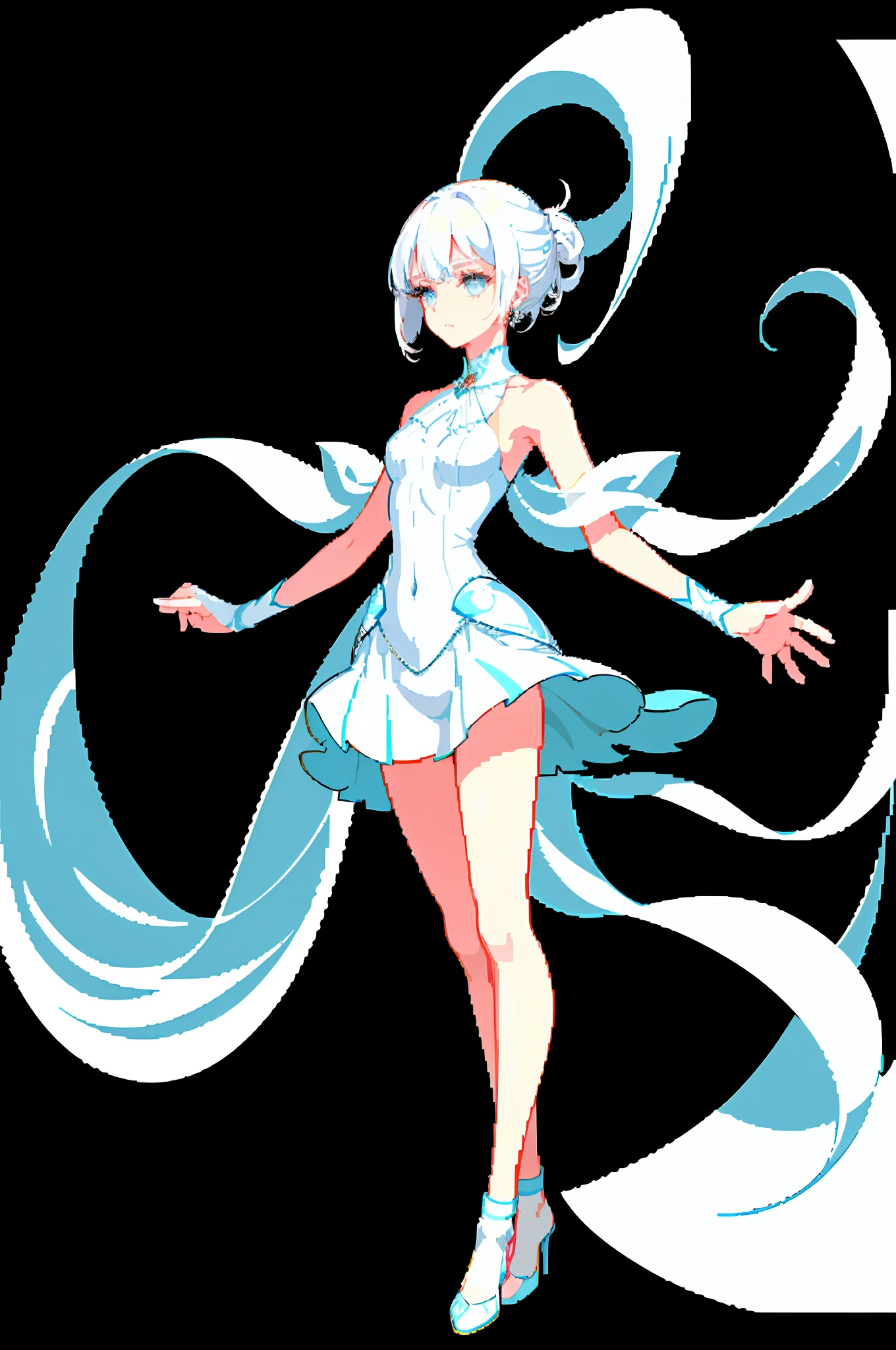 ((((Official Art + Premium Quality): 1.3), full-body close-up, create an elegant atmosphere), white short skirt, white hair shawl, graceful flowing, elegant movements, sad and indifferent expression, floating in the air, (1girl), slim figure)