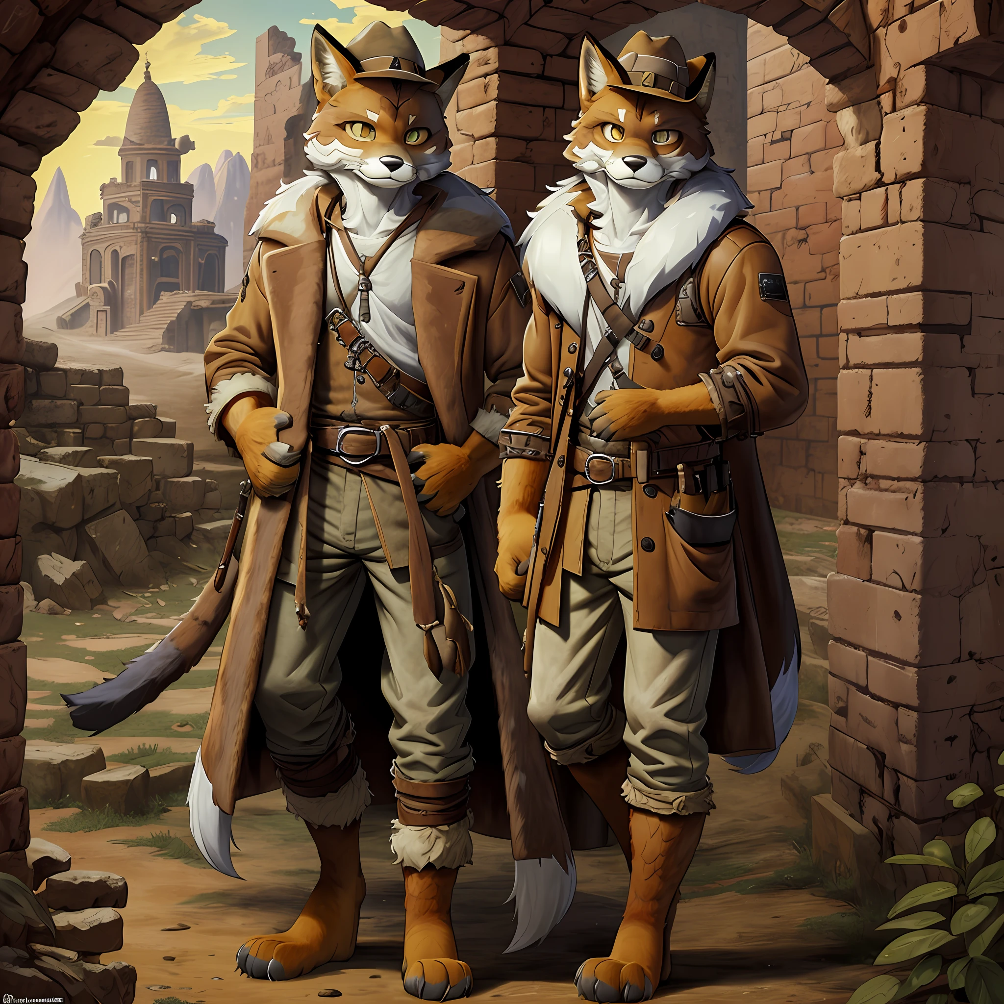 top quality, best quality, High-quality illustrations by Michelangelo, by Johannes Vermeer, masterpiece, super high resolution, detailed background, Old Ruins, Dungeons, Indiana Jones series(highly detailed beautiful face and eyes)absurdres, perfect anatomy(handsome 1boy, kemono, solo focus, Adventurer, Archaeologist)(furry)(furry anthro:1.7)(Furry body, fox facial features, fox body features)(very detailed body fur)full body, Dirty Coat and Hat,