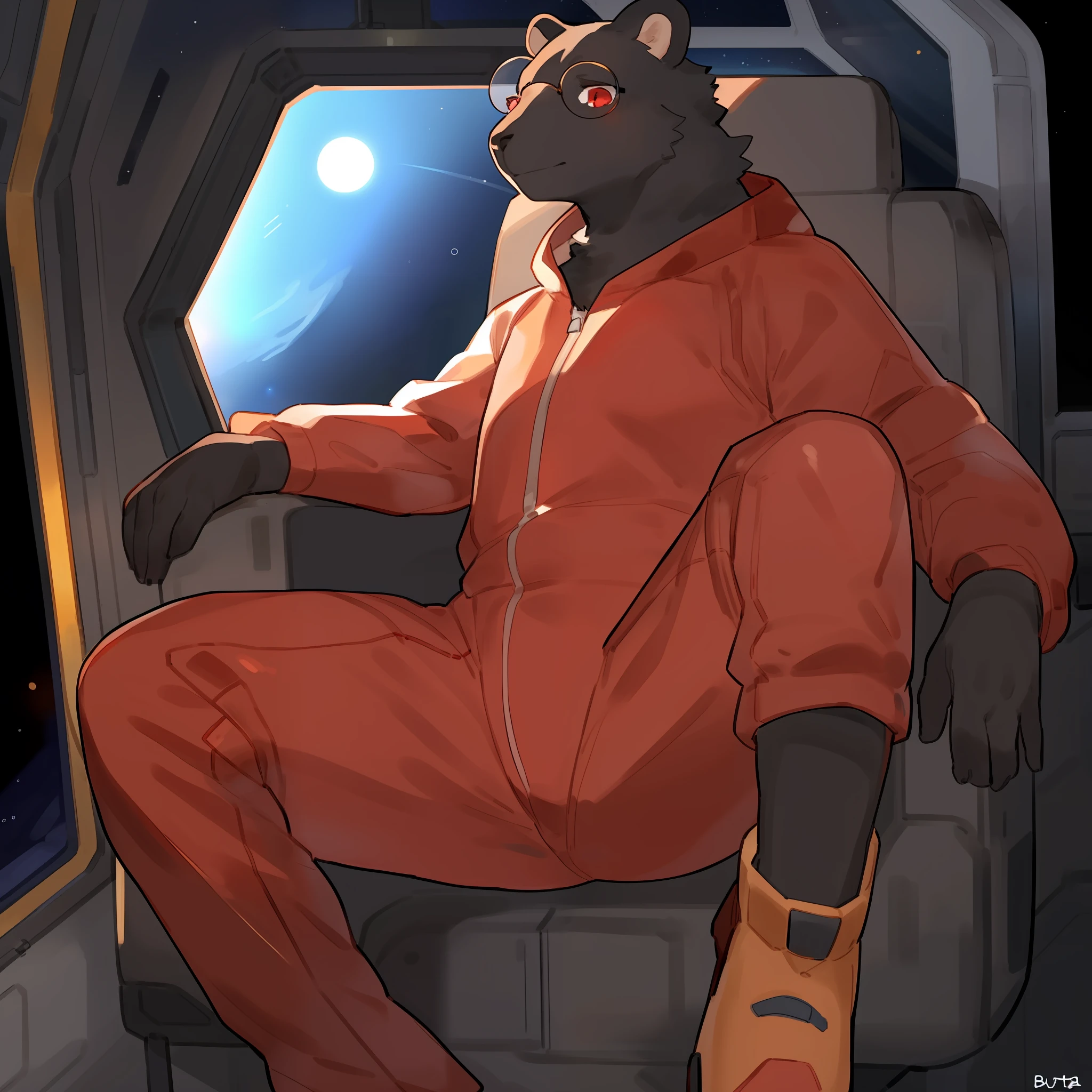 Solo, sun bear, male, cameltoe, andromorph, black fur, black body, red eyes, detailed eyes, detailed hands, round glasses, bored expression, red spacesuit, red jumpsuit, space, spaceship, window, by bebebebebe, by buta99
