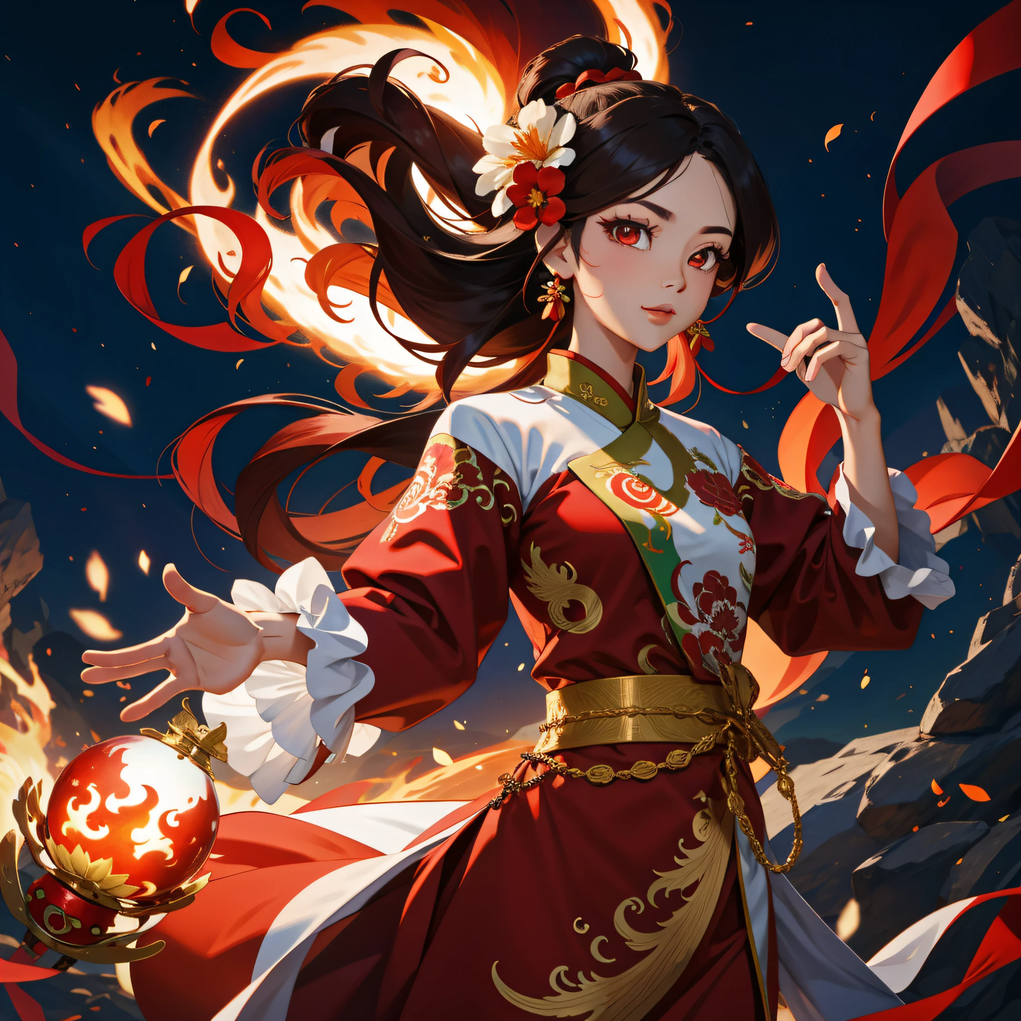 1girl, liuyun, fire ball, long hair, floating hair, hair flower, eastern dragon, red and white, upper body, looking at viewer,