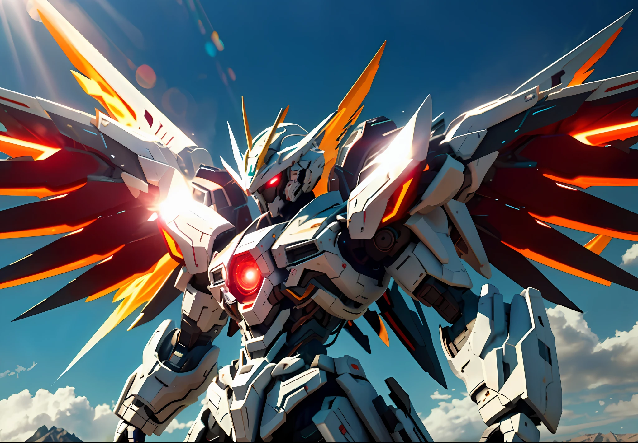 dramatic angle,dynamic angle,an extremely delicate and beautiful mecha, 8k wallpaper,masterpiece,best quality,illustration,mecha, sunlight,sunbeam,backlighting,Contre-Jour,science_fiction, glowing, holding_sword, no_humans, realistic, red_eyes, solo, open_hand, wings, full_body, mechanical_wings, standing, glowing_eye, weapon, cloud, glowing_eyes, jet, day, sword