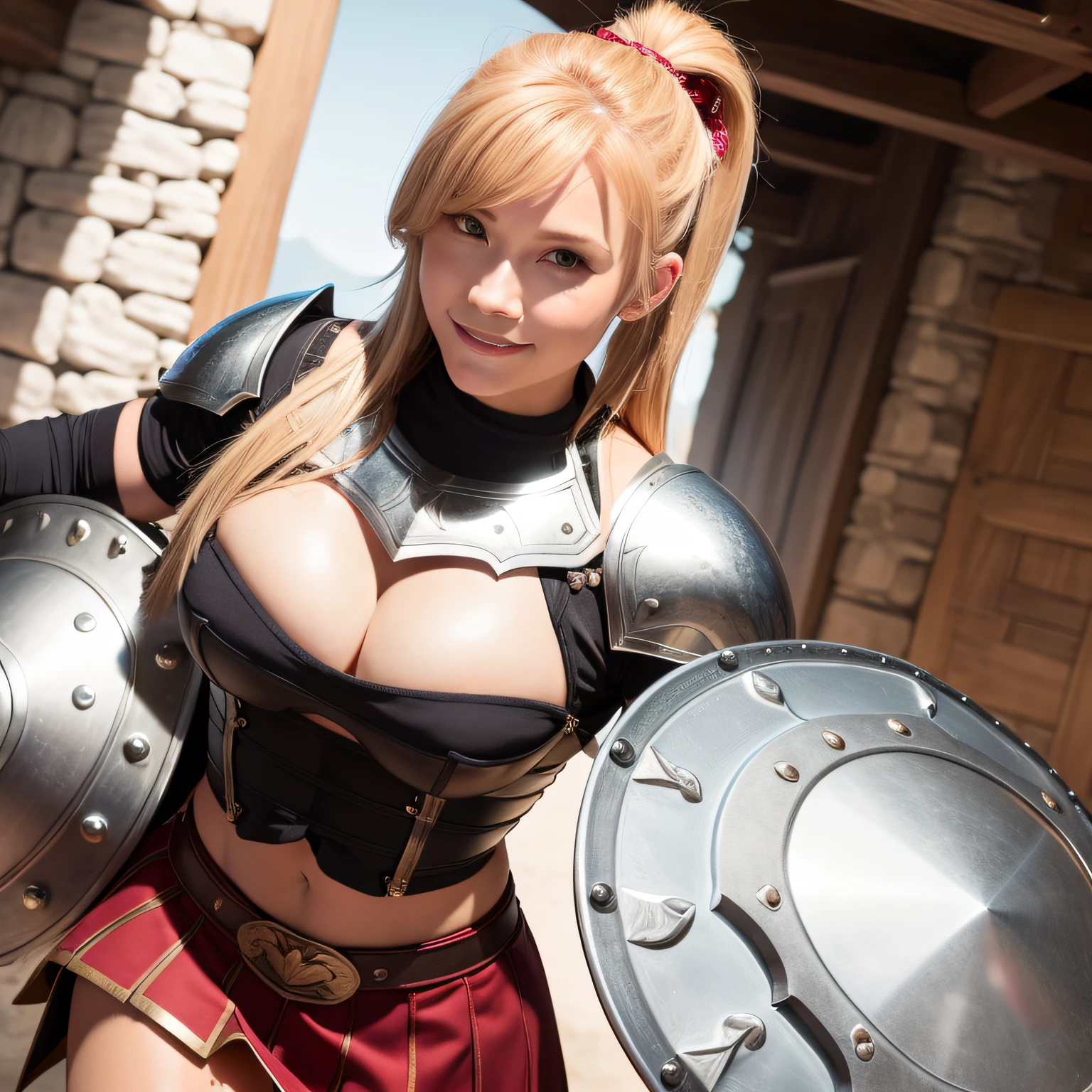 solo focus, a muscular female paladin with a short strawberry blonde ponytail walks into a tavern, plate mail, exposed midriff, armored skirt, sword and shield, sensual, lustful smile