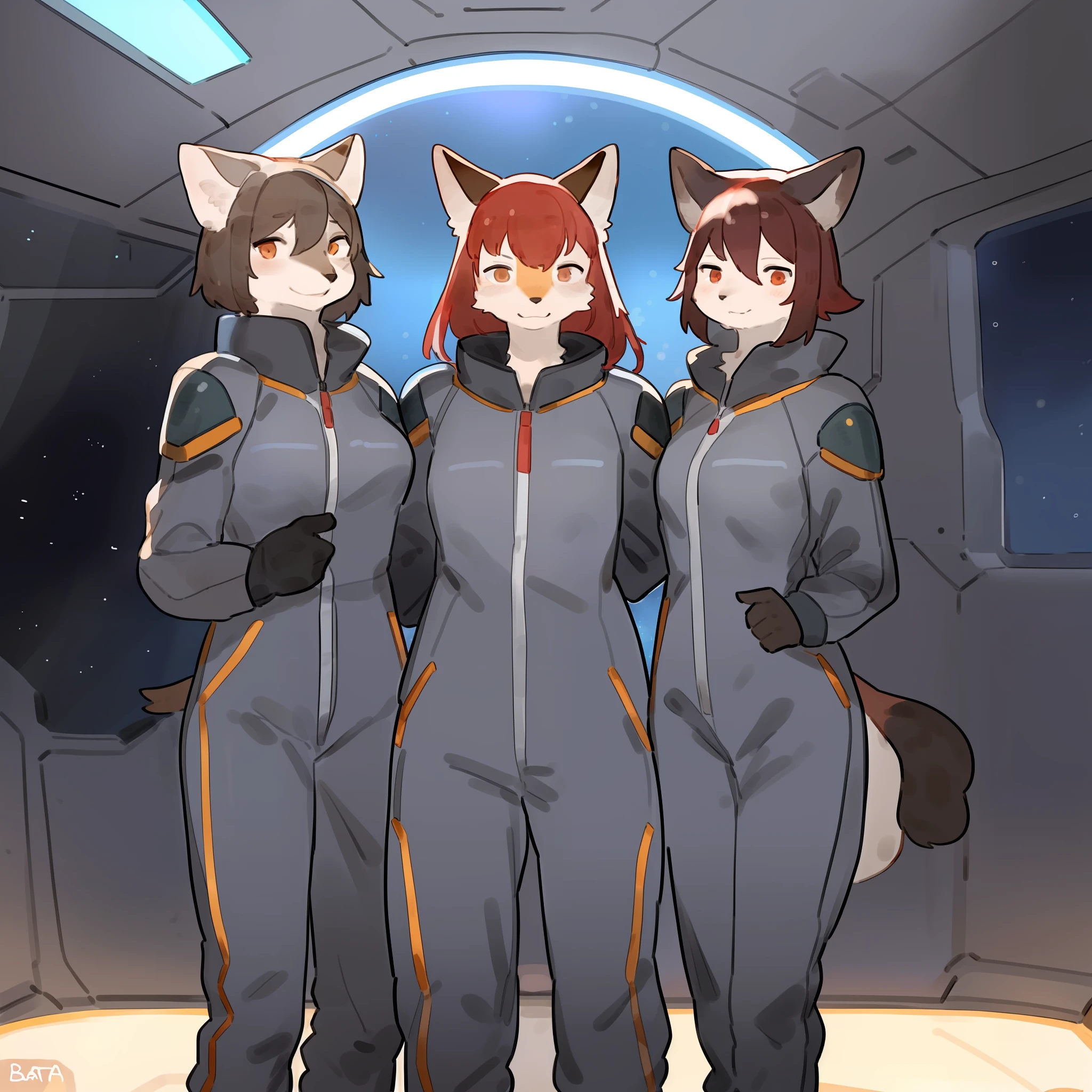 Group photo, grey uniform, grey uniforms, grey jumpsuit, grey spacesuit, female, facing viewer, standing shoulder to shoulder, standing in line, space, spaceship, window, by bebebebebe, (((by buta99))), canine, feline, hair, a diverse group of anthro characters standing shoulder to shoulder in grey spacesuit uniforms, body armor, red berets, red beret