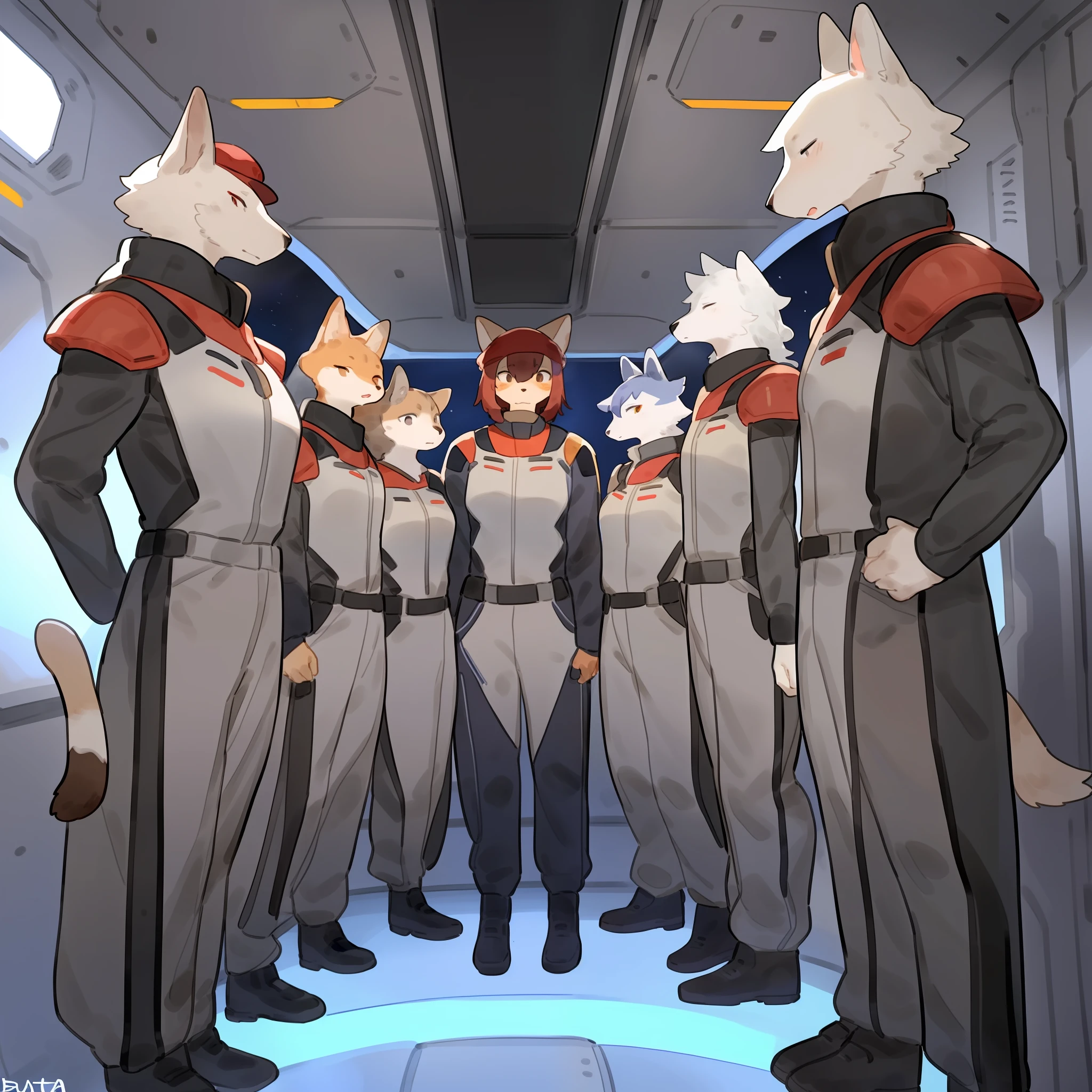 Group photo, grey uniform, grey uniforms, grey jumpsuit, grey spacesuit, female, facing viewer, standing shoulder to shoulder, standing in line, space, spaceship, window, by bebebebebe, (((by buta99))), canine, feline, hair, a diverse group of anthro characters standing shoulder to shoulder in grey spacesuit uniforms, body armor, red berets, red beret