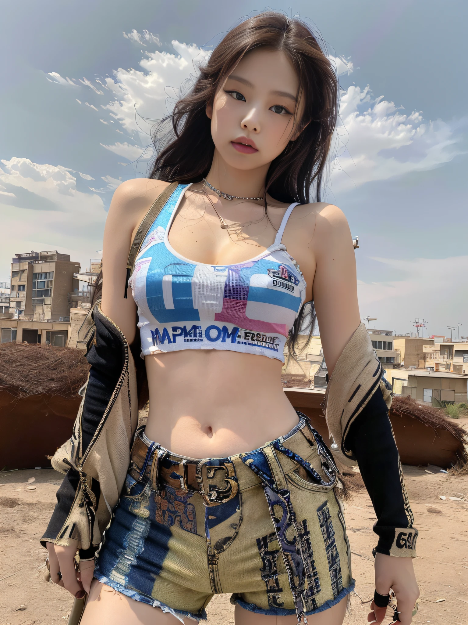 Masterpiece, superlative, realistic, Jennie wears a trendy brand. Football T-shirt, shorts, open waist, bare shoulders, cleavage, layered, long legs, wasteland punk style, background is wasteland, desert, wind and dust details complex, HD, photography lighting, 16k