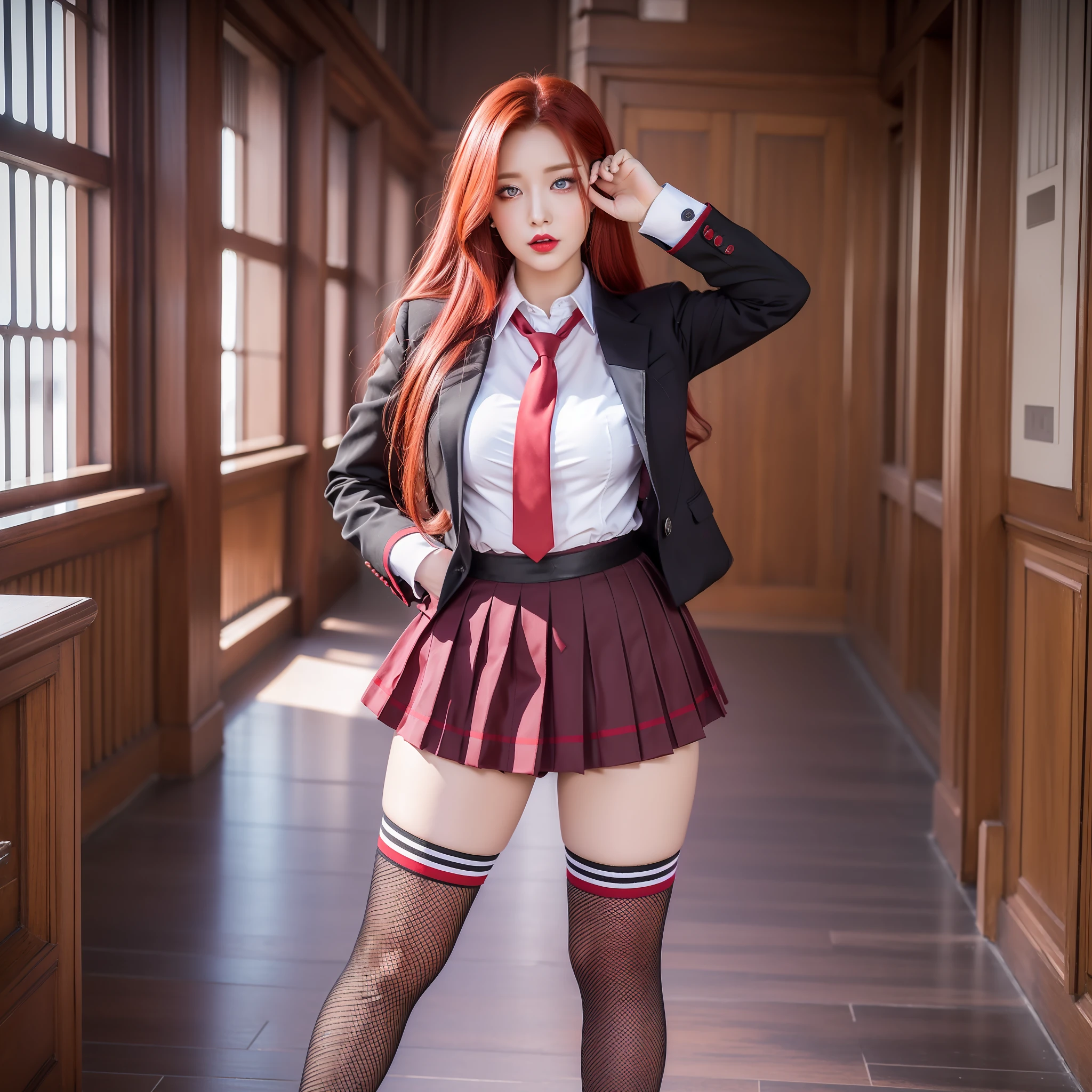 beautiful red-haired woman, wearing high school uniform, blouse with tie, mini skirt, long red hair, black angel wings on the back, heavy eye makeup, perfect face, perfect body, round breasts, big ass, thick thigh, high sock and all star sneakers, full body, detailed photo, masterpiece, serious look, red lipstick mouth, sign near the mouth on the left side, purple eyes, red makeup, arms crossed, raw photo