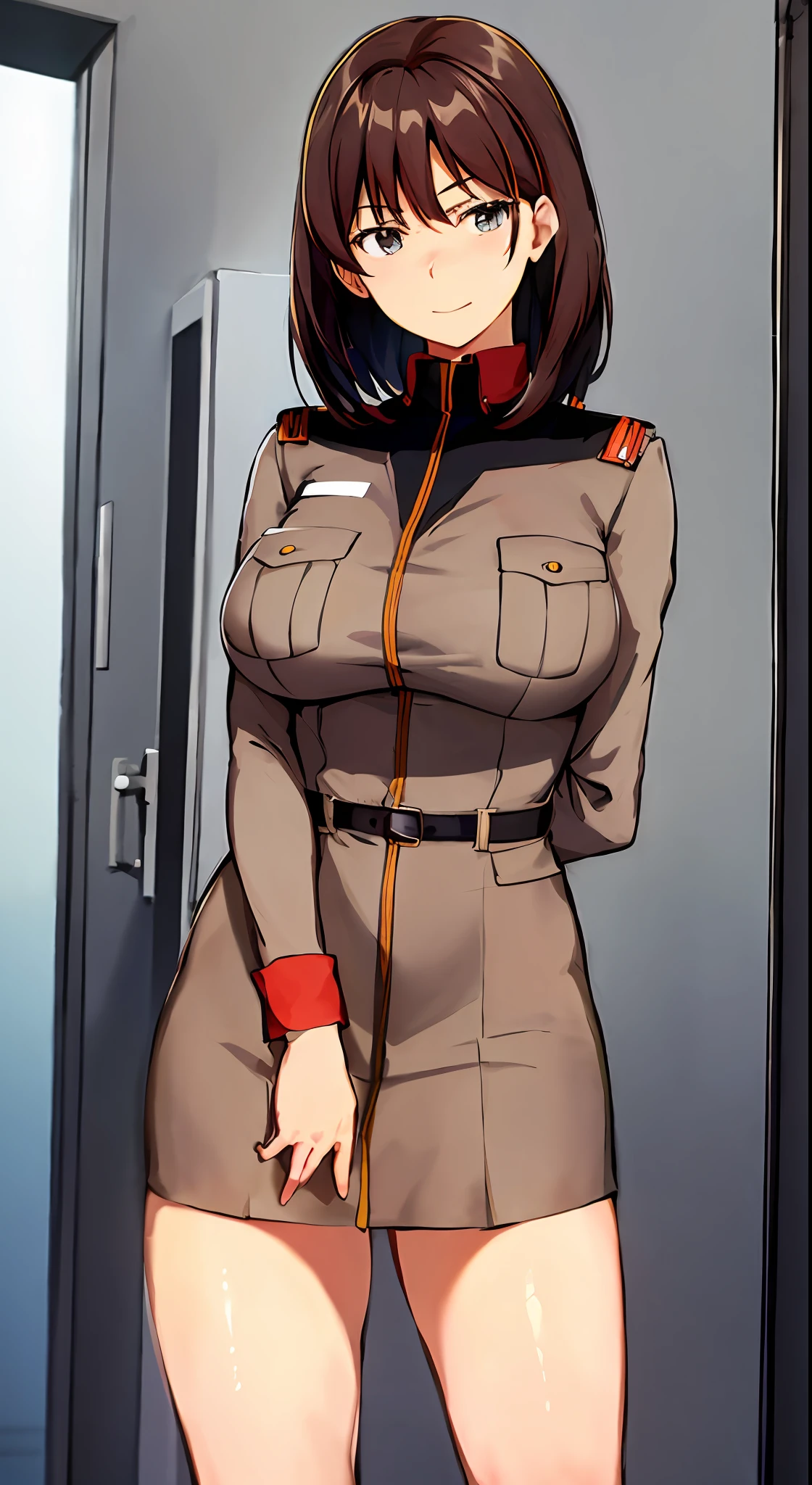 anime girl in uniform posing in a hallway with her hands on her hips, (sfw) safe for work, anya from spy x family, in uniform, red uniform, cushart krenz, female protagonist 👀 :8, cushart kenz, fully - clothed!!!, in a soldier uniform, makoto shinka, jk uniform