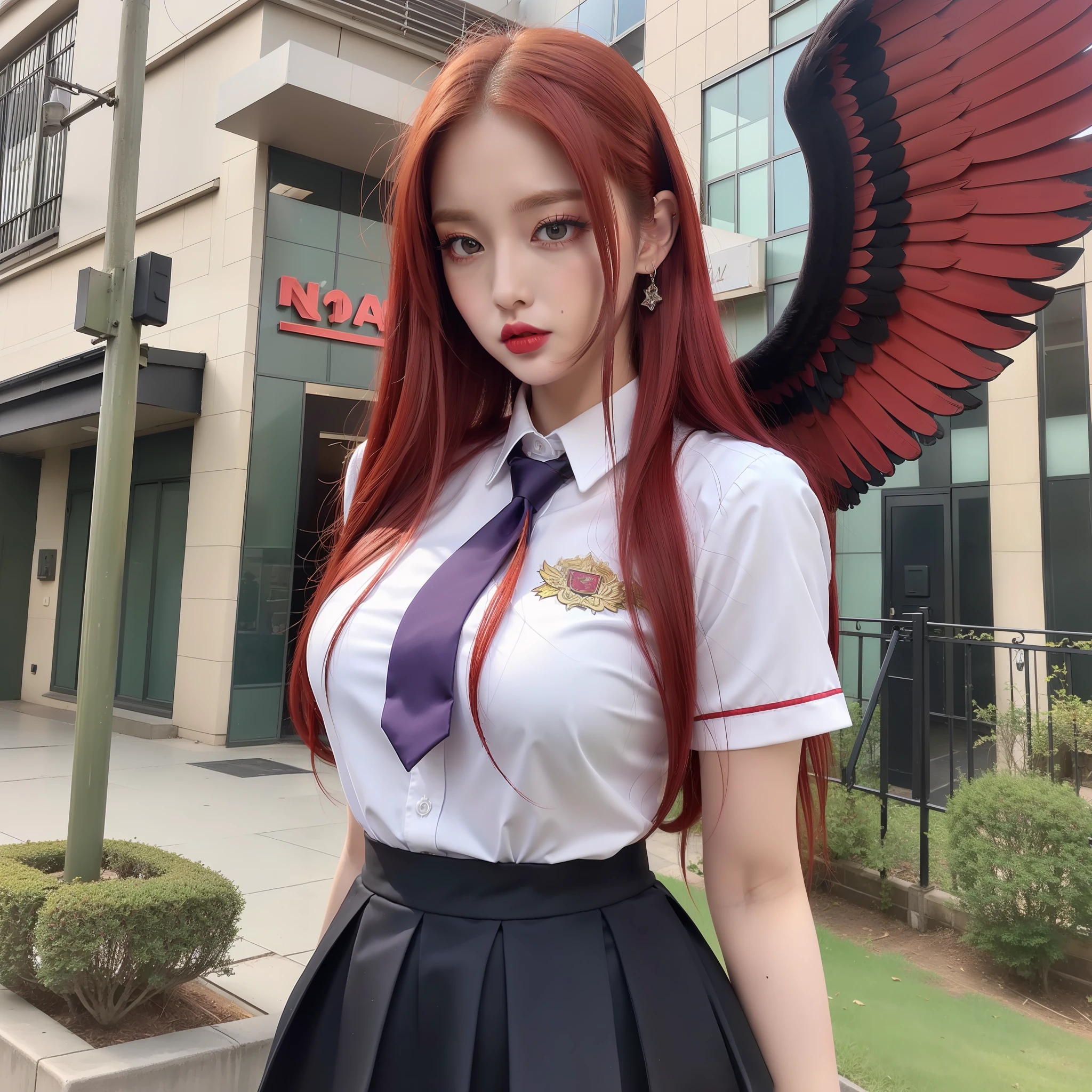 beautiful red-haired woman, wearing high school uniform, blouse with tie, mini skirt, long red hair, black angel wings on the back, heavy eye makeup, perfect face, perfect body, round breasts, big ass, thick thigh, high sock and all star sneakers, full body, detailed photo, masterpiece, serious look, red lipstick mouth, sign near the mouth on the left side,  purple eyes, red makeup, arms crossed, raw photo
