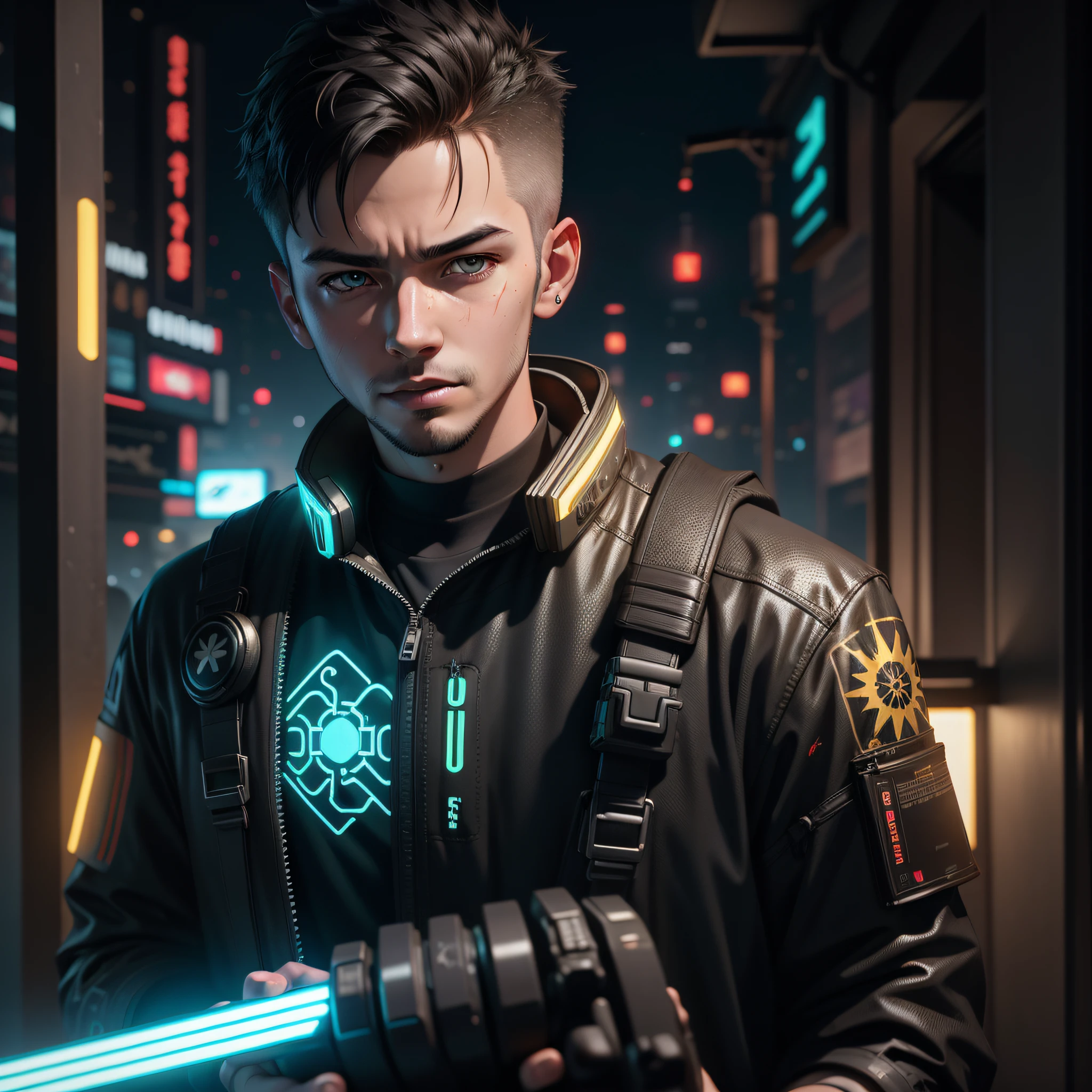 detailed portrait, a boy, Neon guitar, cyberpunk futuristic neon, reflective, decorated with traditional Japanese ornaments by Ismail inceoglu dragan bibin hans thoma greg rutkowski Alexandros Pyromallis Nekro Rene Maritte Illustrated, fine details, realistic studio lighting,unreal engine,arnold render, 8k uhd, raytracing, cgi, lumen reflections,