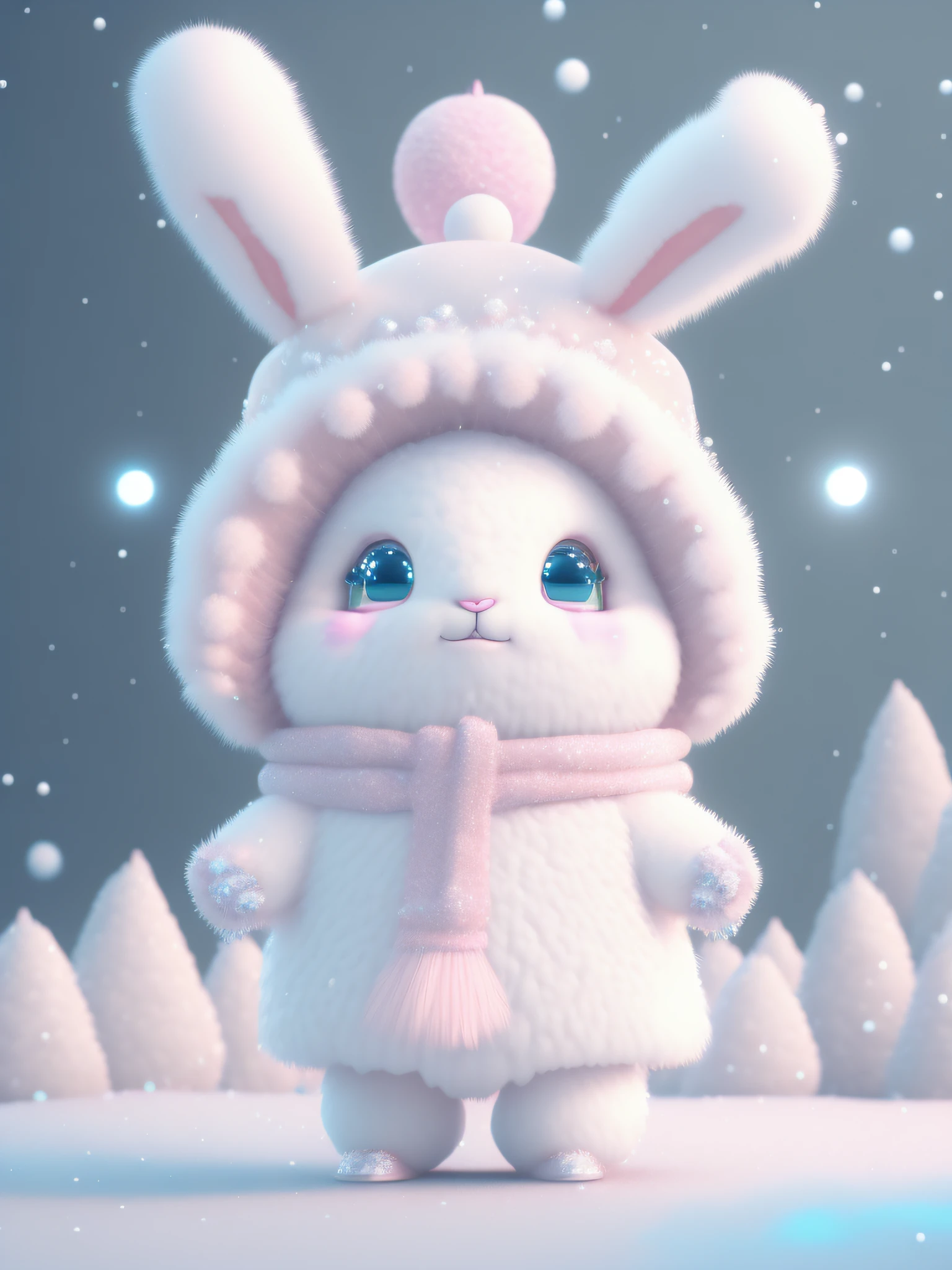 A cute little bunny White fluffy Big eyes Sweet smile Sweet smile Sweet smile with pink crystal texture fashion suit hat and snow boots, running, big white fluffy eyes Bright big eyes, standing, fluffy tail, rising in winter, flowers and snow gently fluttering, extremely detailed 3D animation rendering center symmetrical position, super realistic, super fine, luxury, 3, cinematic lighting, super clear detail, ultra-transparent material, close up, complex texture, octane rendering, z brush, 8K, Ultra-realistic urea HD 8kv 4 2