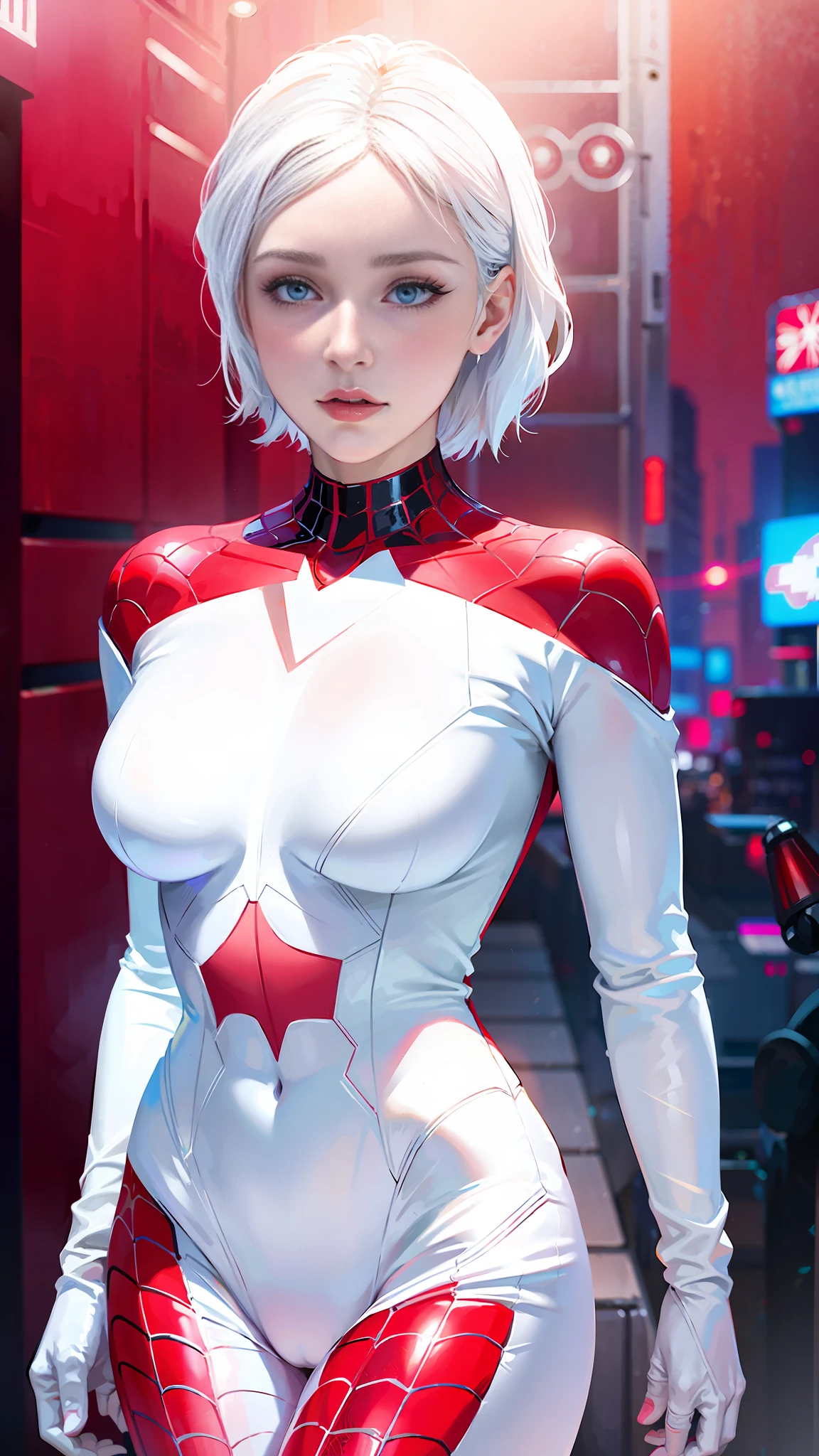 araffed woman in a white bodysuit and red and white spider - man costume, gwen stacy, cyberpunk bodysuit, ( ( spiderwoman ) ), 2b, 2 b, intricate body, spider gwen, futuristic style spiderman, shiny white skin, beutiful white girl cyborg, styled like ghost in the shell, closeup shot, full body cgsociety