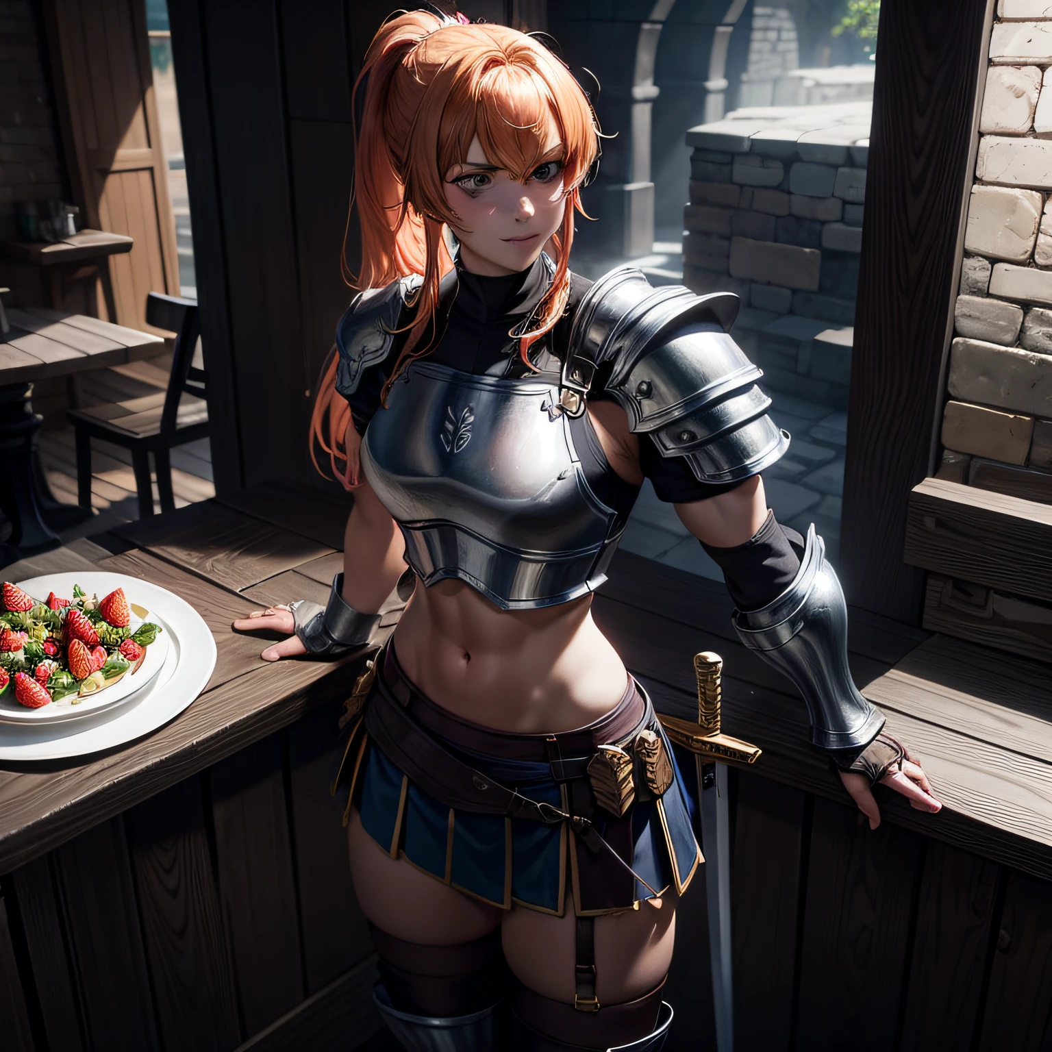 solo focus, a muscular female paladin with a short strawberry blonde ponytail walks into a tavern, plate mail, exposed midriff, armored skirt, sword and shield, sensual, lustful smile