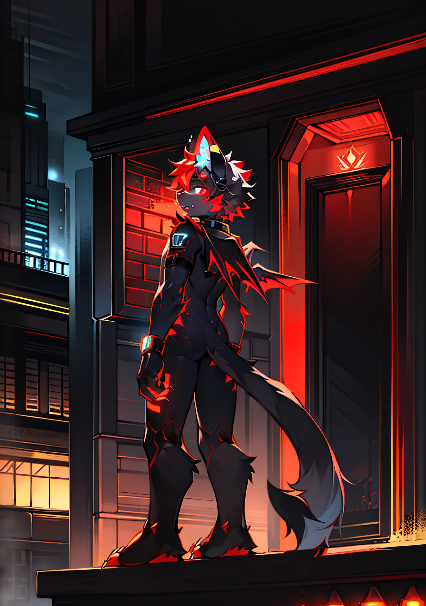 Masterpiece quality, highest definition, detailed textures, 4K, 8K, night, sci-fi city, neon, balcony, cat boy, furry boy, long cat tail, slender cat tail, slender cat tail, cat tail armor, cat ears, humanoid, black skin, black fur, glowing red patch, glowing red circuit texture, skin patch, red vertical pupil, black eye white, glowing pupil, glowing red ear tips, glowing red flesh pad, watch, back wing, goggles, headphones, gray patch, cat tail charger, Tight black and red combat uniform, foot claws, hand claws, glowing texture, look. More circuit texture, more back wings