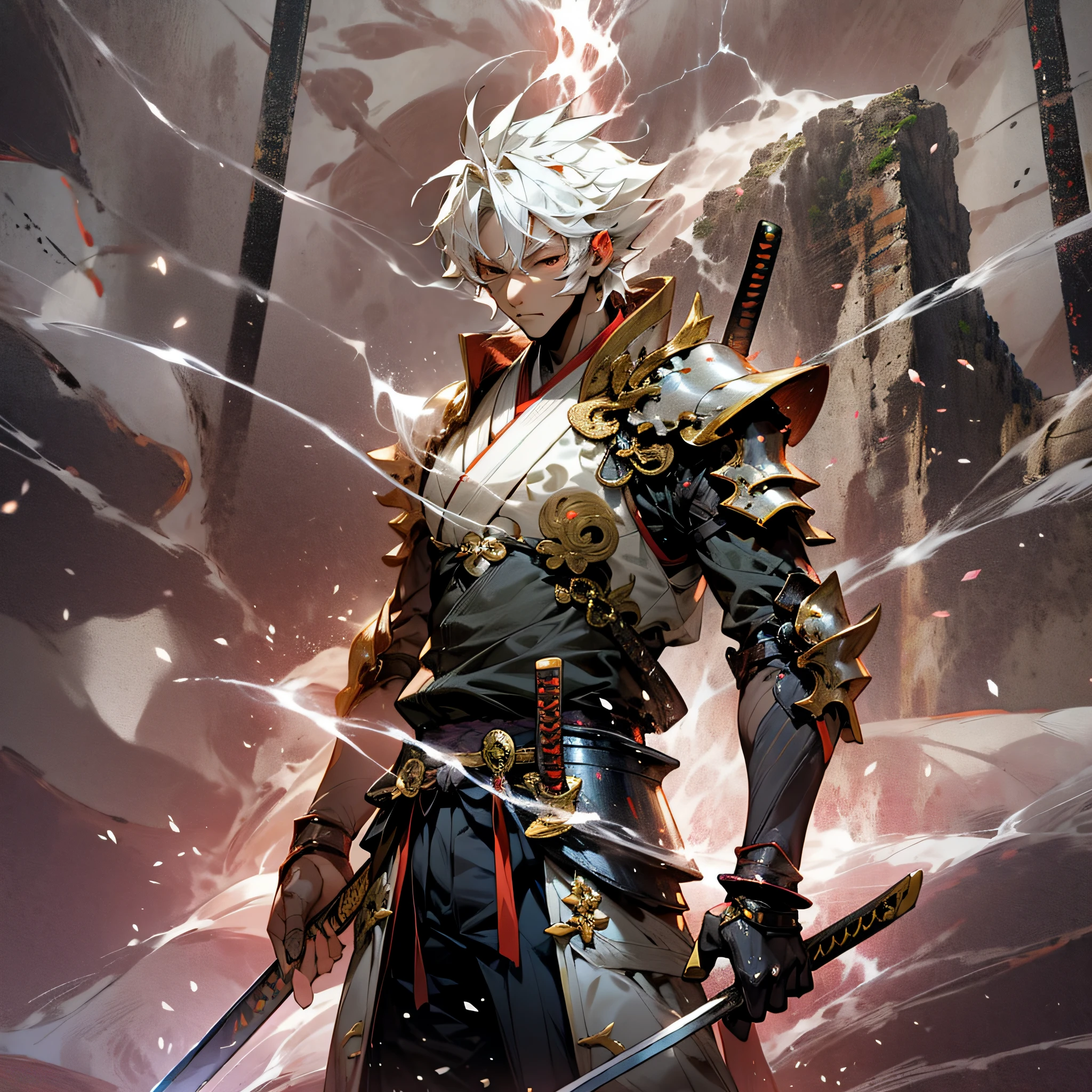 Nippon manga style, Zen ZEN, 1 man, delicate face, wearing armor, katana in his hand, swords behind his back, in the city, with lightning on his body, a divine dragon behind his back, perfect hands, normal fingers, zen