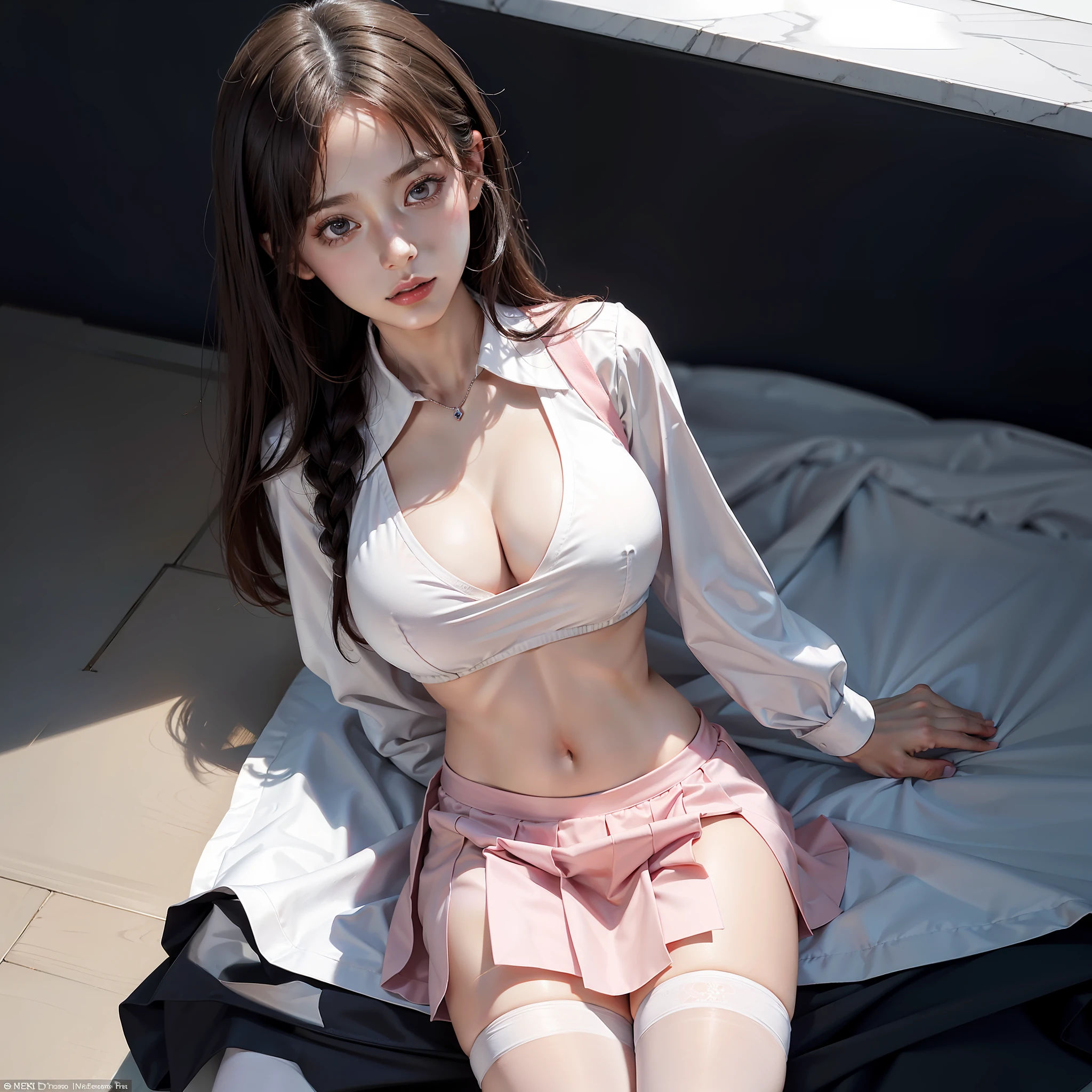 (Realisticity: 1.4), close-up, 1girl, with a delicate and beautiful face, school uniform, white cut top, pink skirt, black stockings, (big breast: 1.2), sexy pose, belly button, cleavage, background is campus, perfect detail rendering